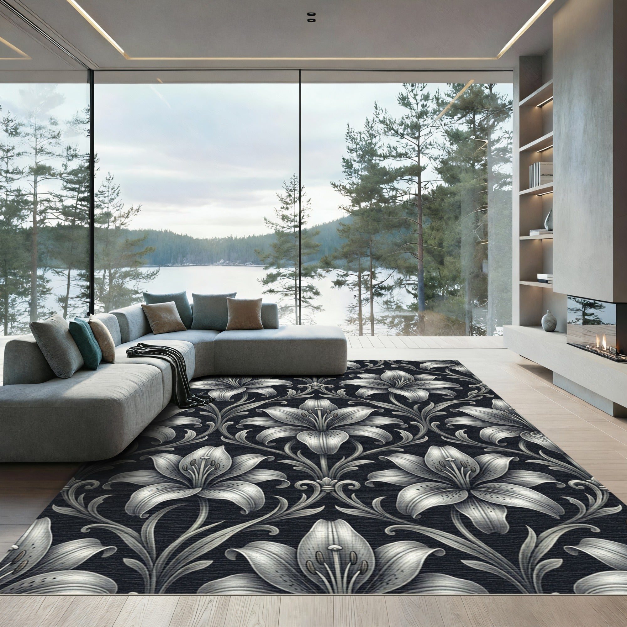 Monochrome Black White Lily Floral Rug