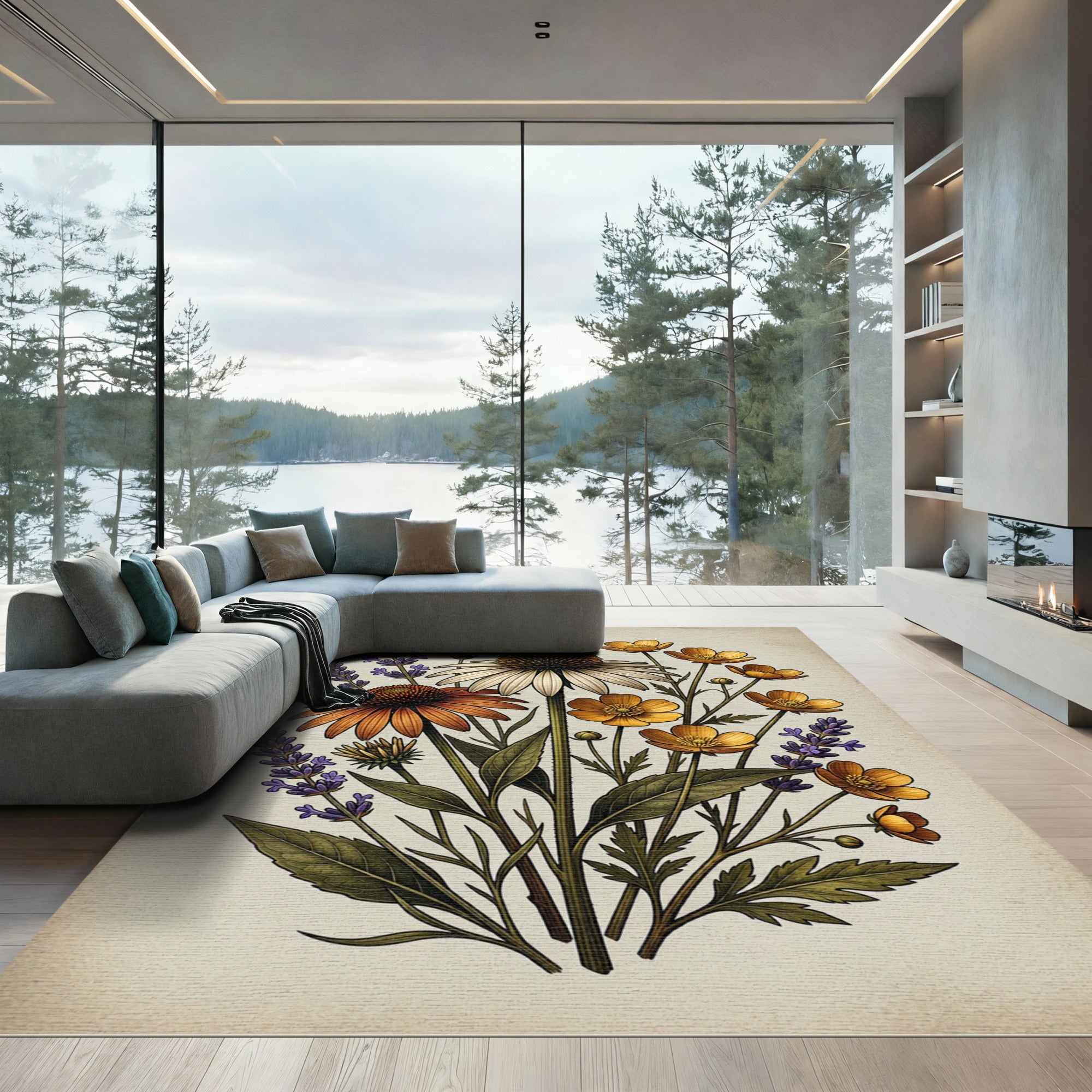 Botanical Coneflower Lavender Meadow Illustration Rug
