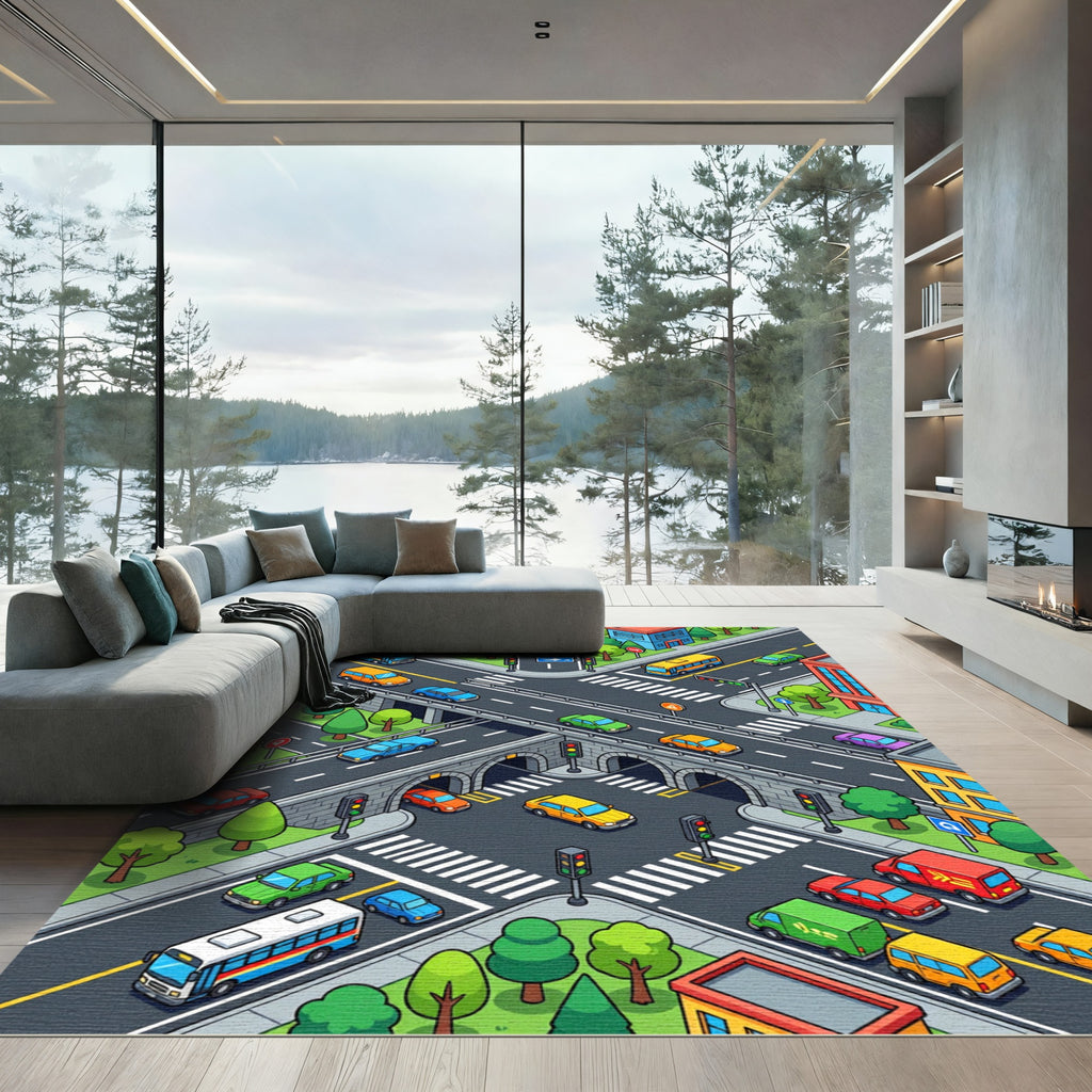 Colorful Isometric City Street Traffic Grid Rug