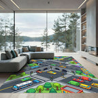 Colorful Isometric City Street Traffic Grid Rug
