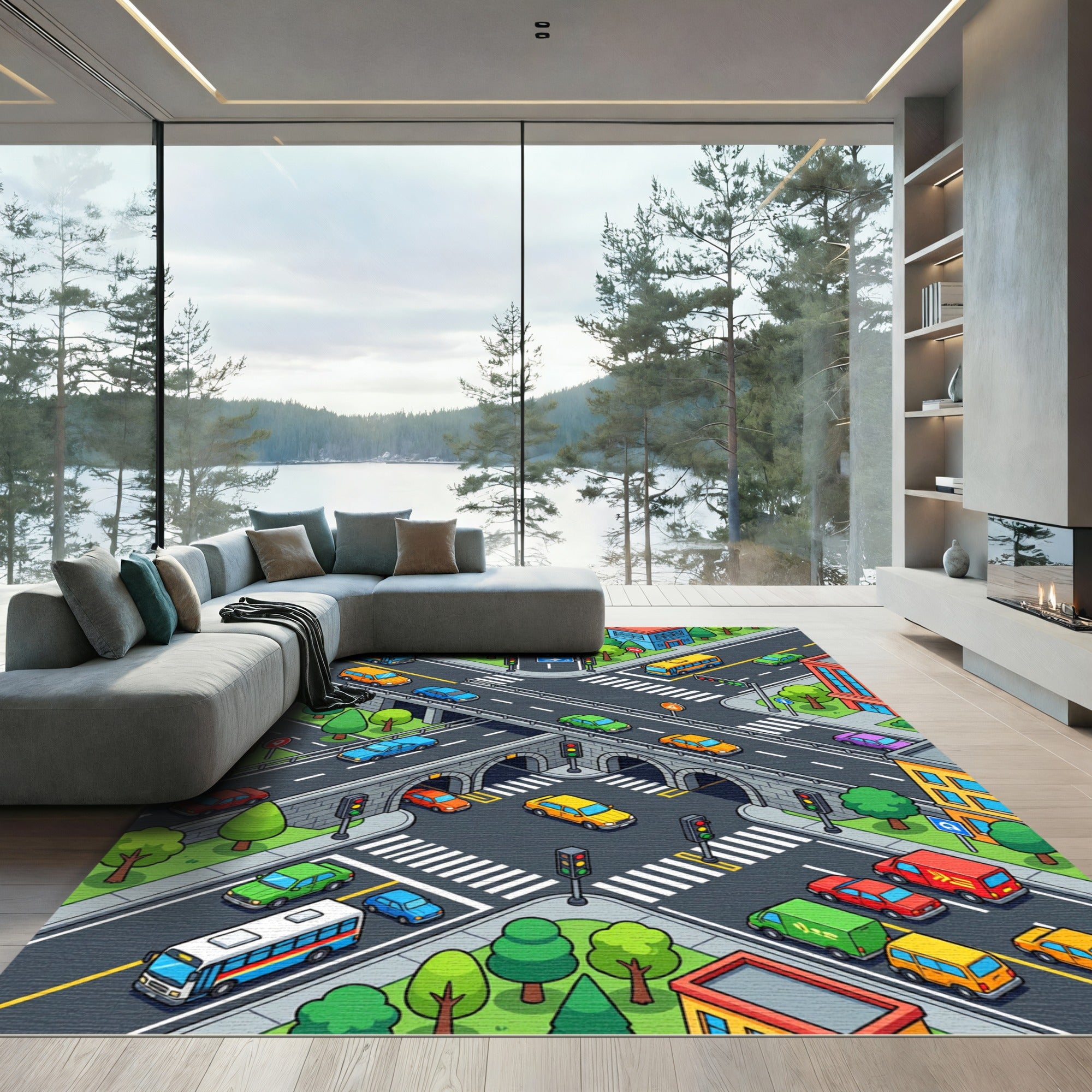 Colorful Isometric City Street Traffic Grid Rug
