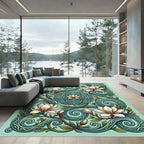 Elegant Teal Magnolia Swirl Floral Rug