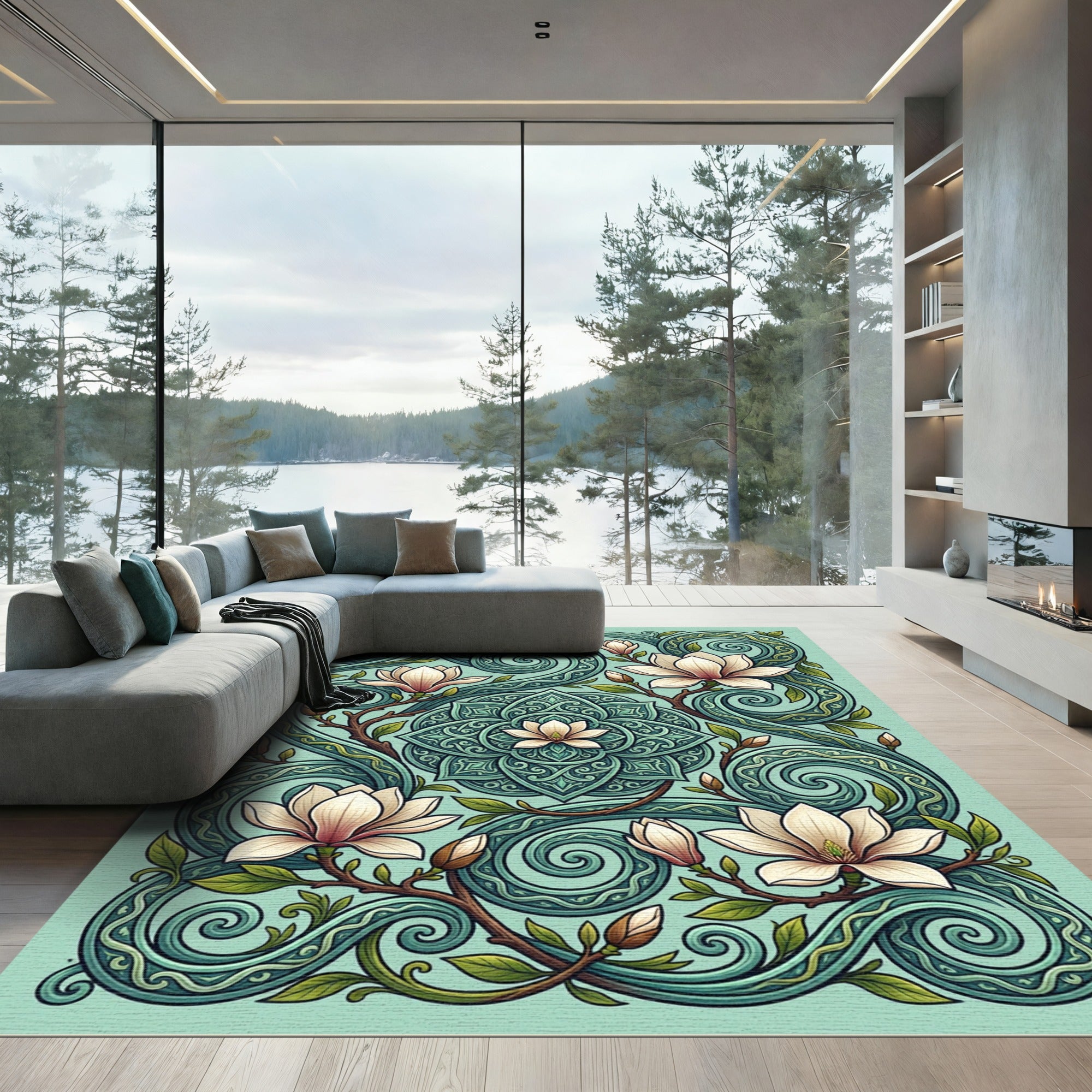 Elegant Teal Magnolia Swirl Floral Rug