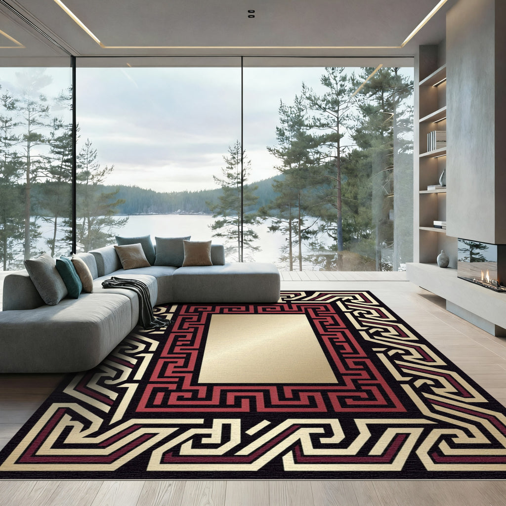 Geometric Red Gold Maze Frame Rug