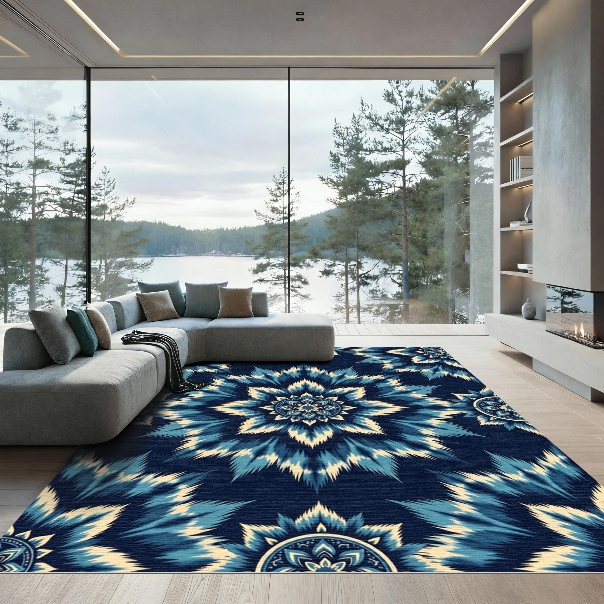 Indigo Blue Floral Burst Medallion Rug