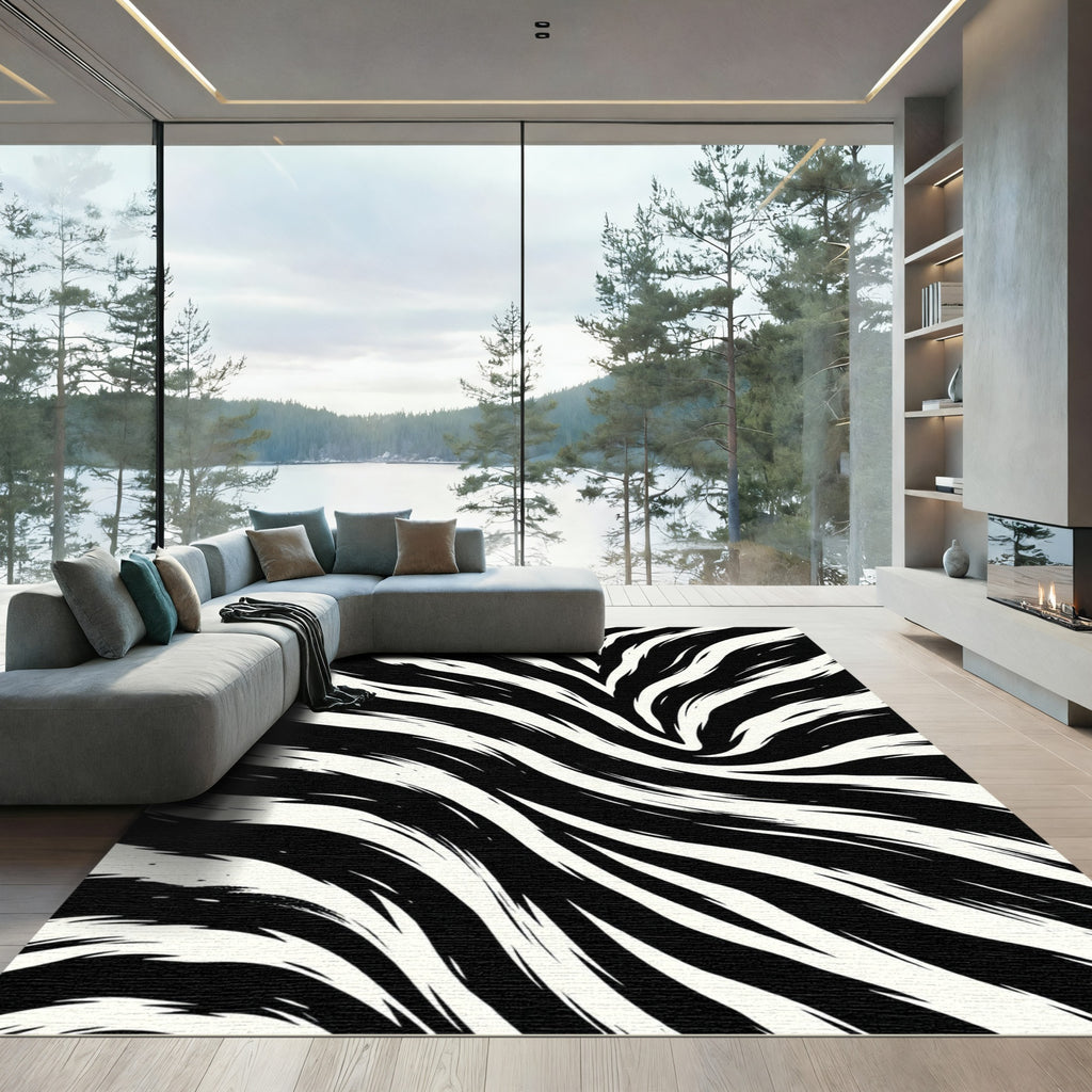 Bold Zebra Monochrome Abstract Flowing Lines Rug