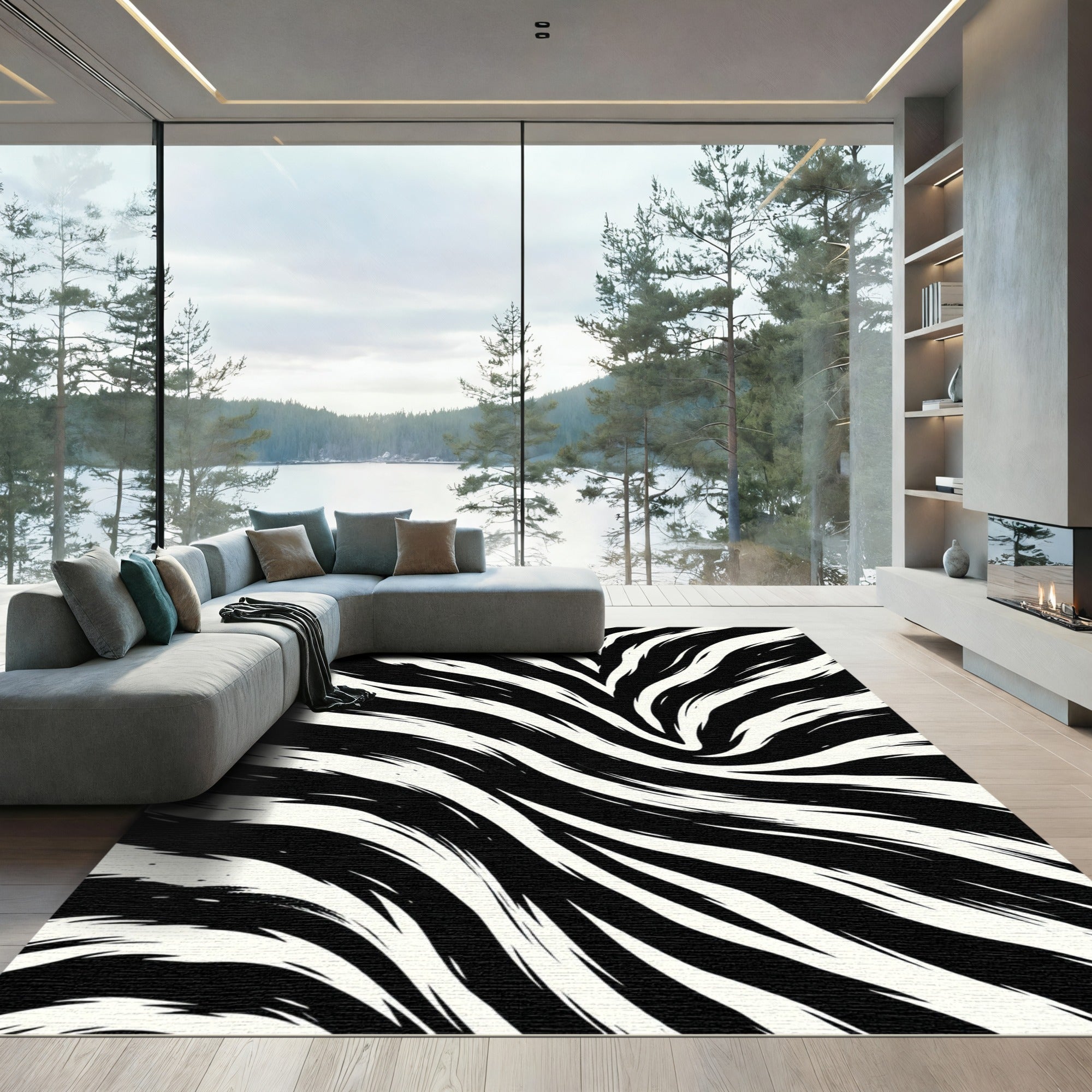 Bold Zebra Monochrome Abstract Flowing Lines Rug