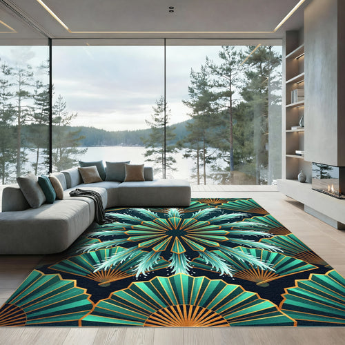 Art Deco Teal Fan Burst Rug