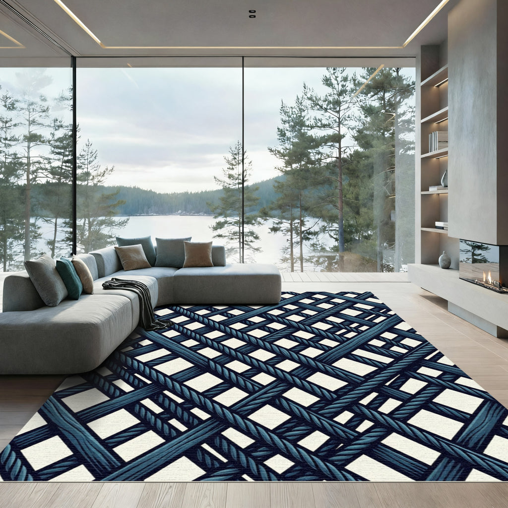 Deep Blue Intersecting Nautical Rope Lattice Rug