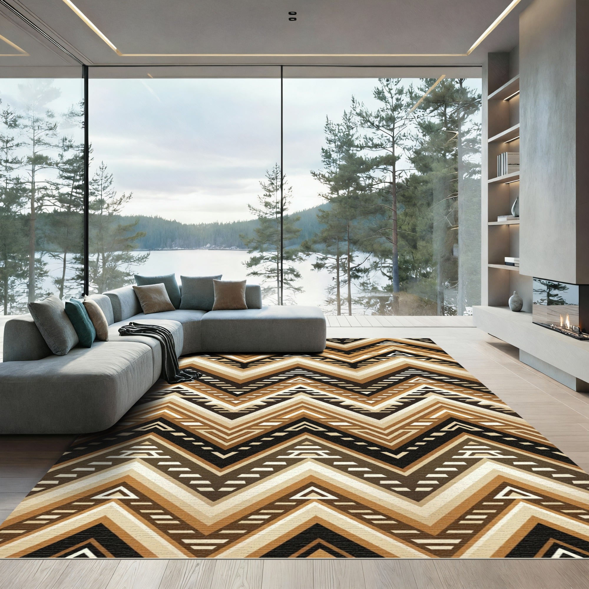Modern Earthy Brown Chevron Geometric Rug