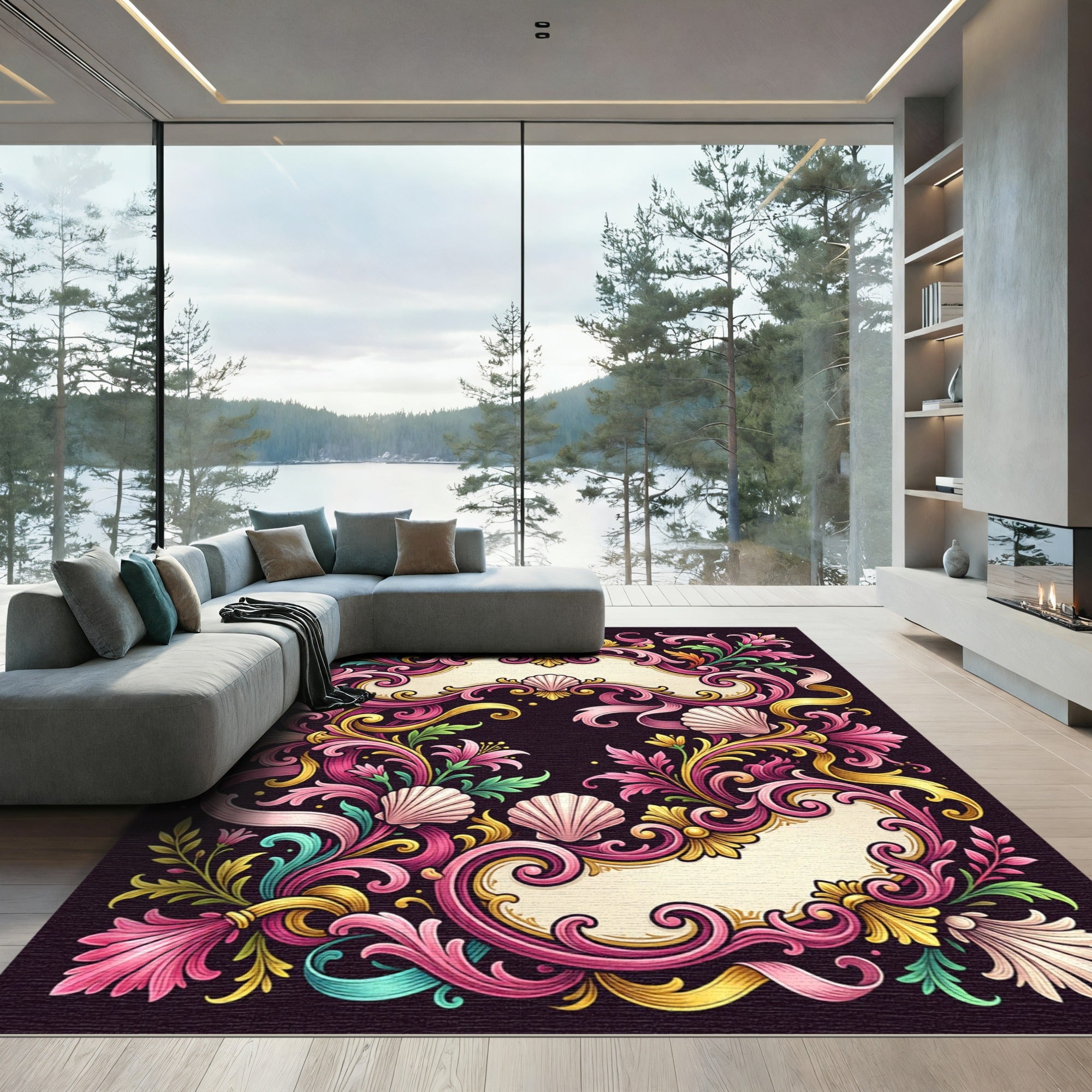 Ornate Pink Seashell Baroque Swirls Rug