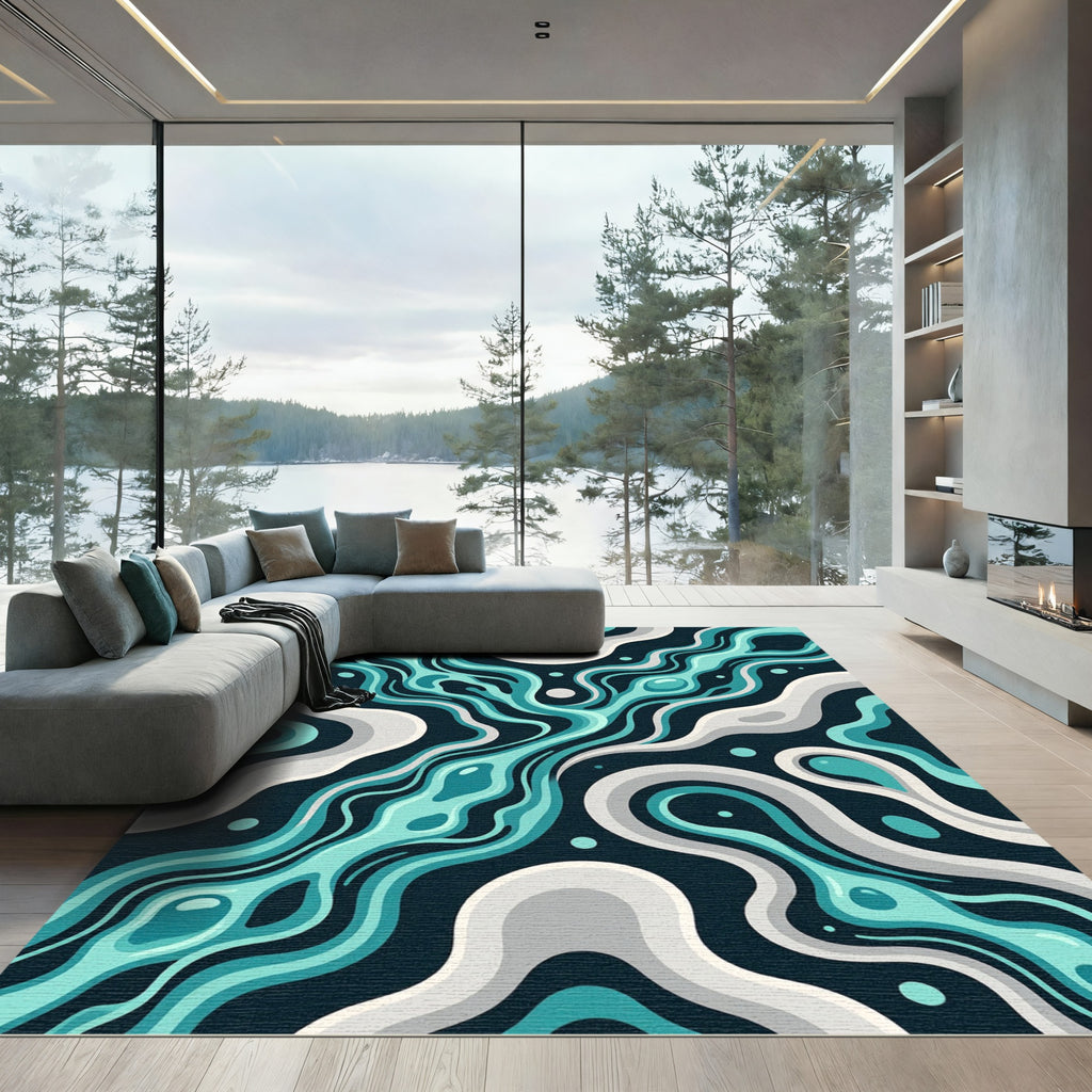 Teal Aqua Swirling Fluid Abstract Rug
