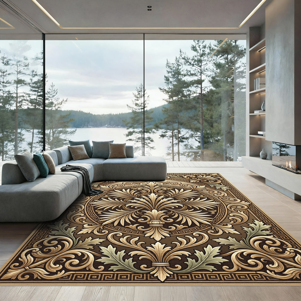Ornate Gold Leaf Scrollwork Mandala Rug