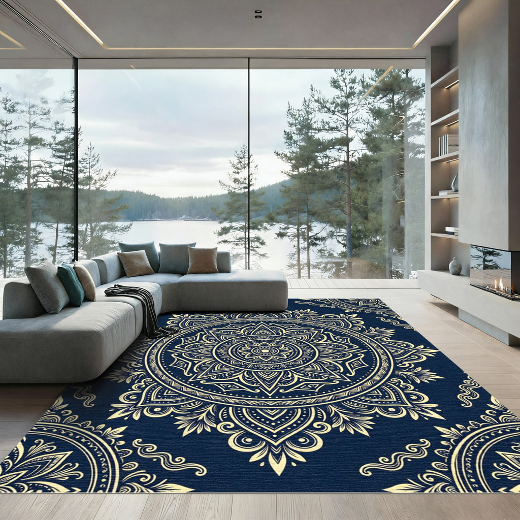 Navy Gold Ornate Medallion Boho Mandala Rug