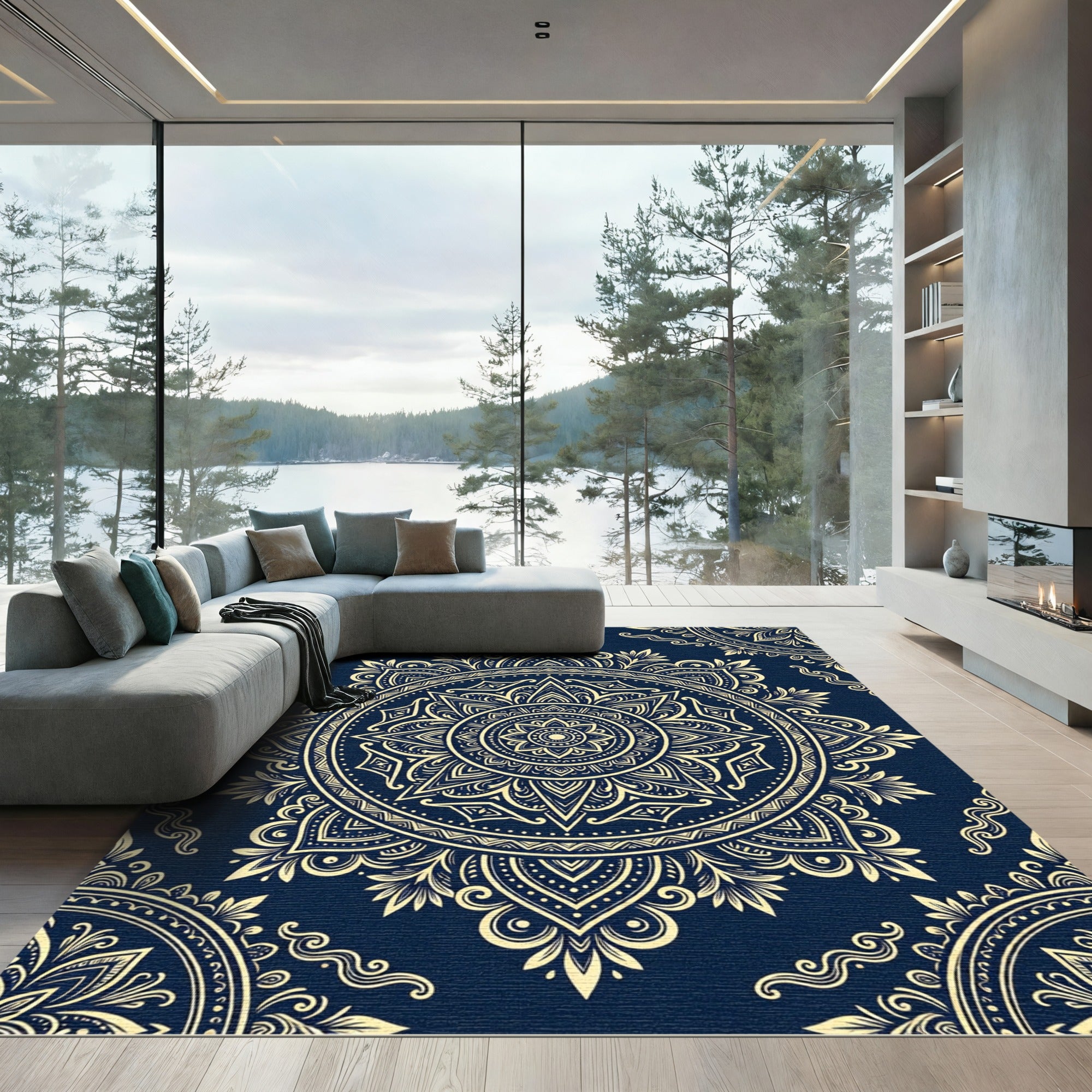 Navy Gold Ornate Medallion Boho Mandala Rug