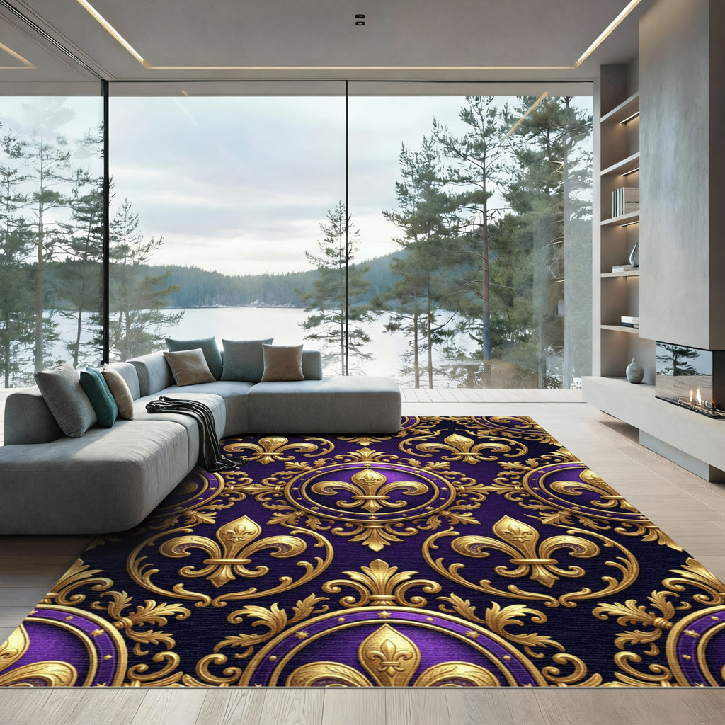 Royal Purple Gold Fleur-de-Lis Medallion Rug
