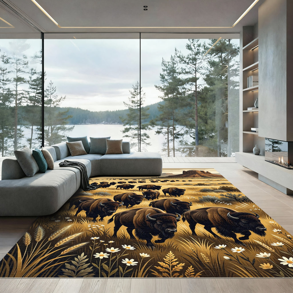 Majestic Bison Herd Desert Landscape Rug