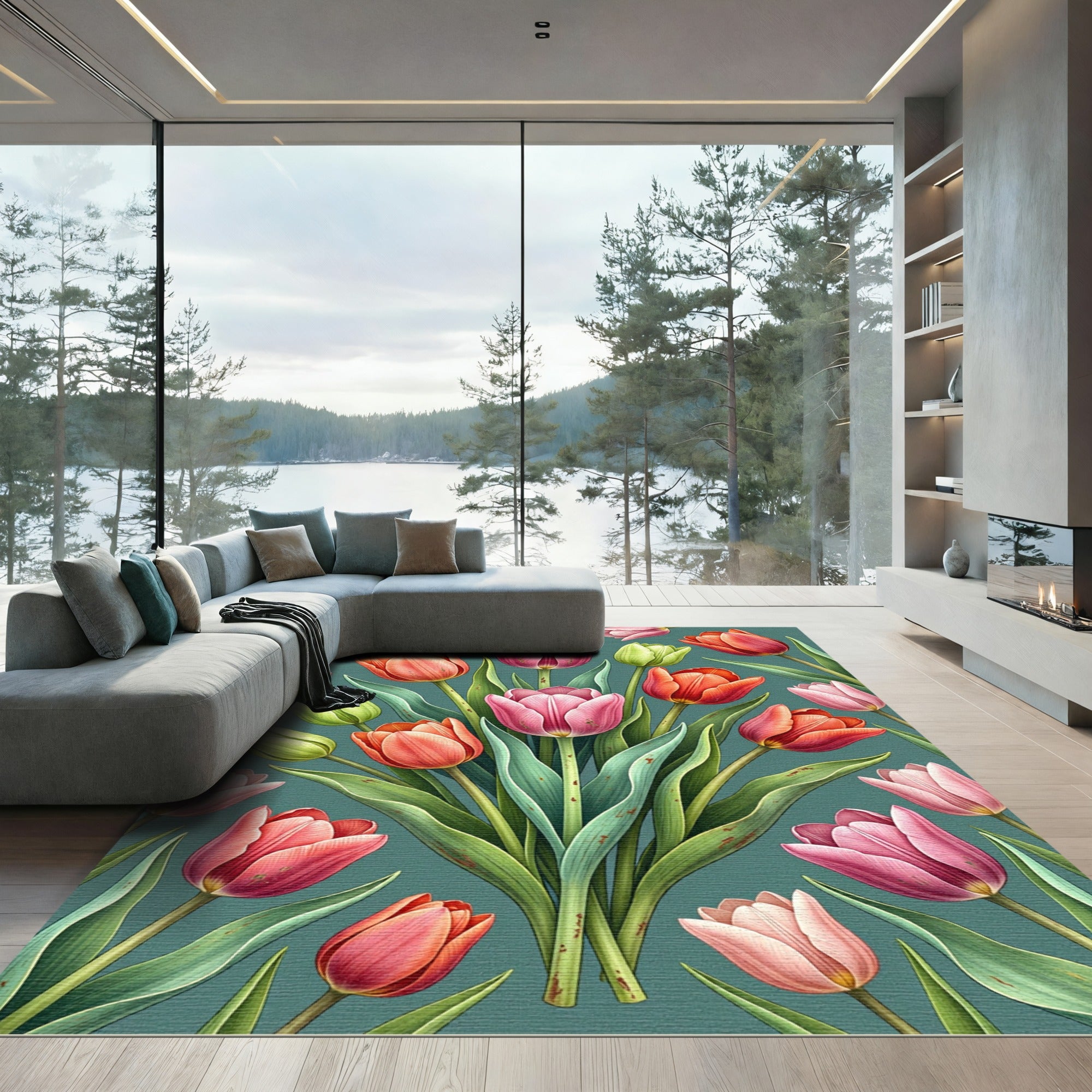 Elegant Pink Green Tulip Floral Artwork Rug