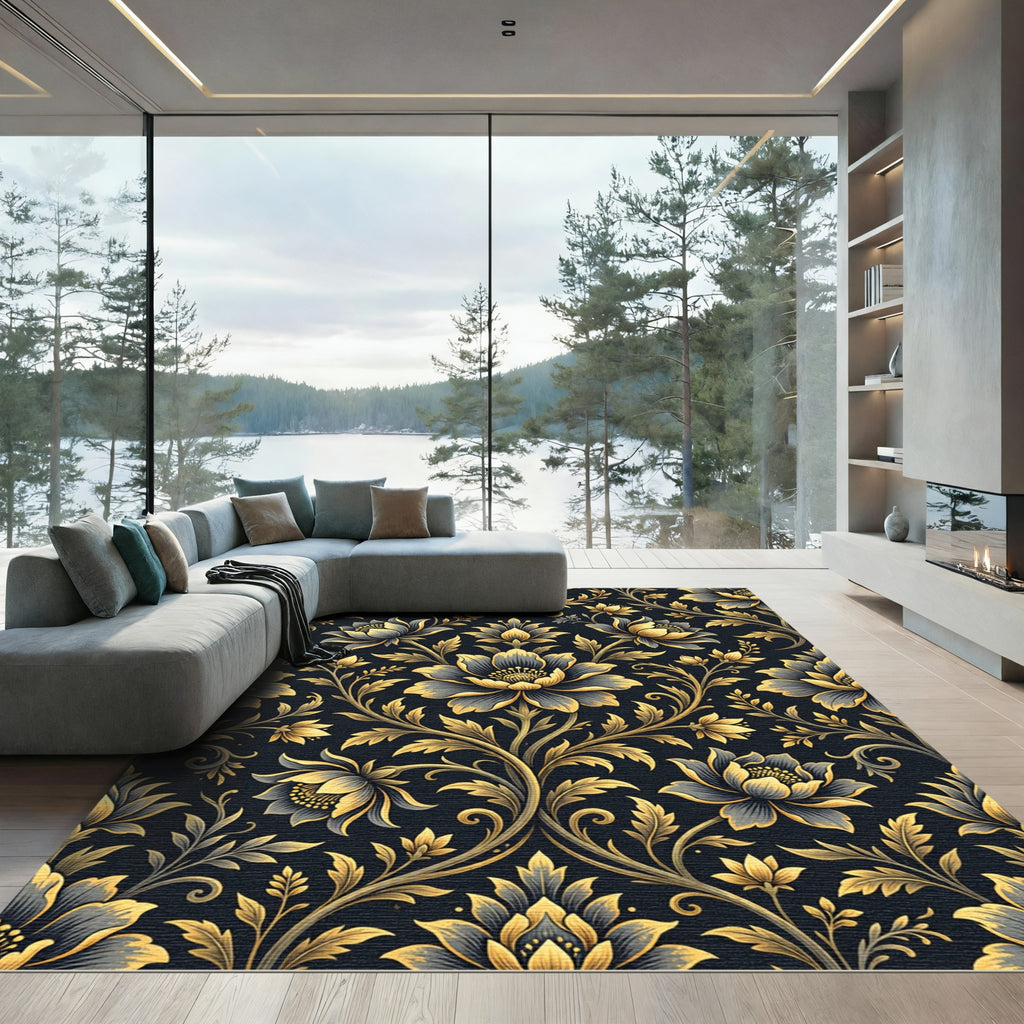 Elegant Gold and Navy Floral Damask Rug