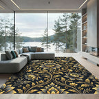 Elegant Gold and Navy Floral Damask Rug