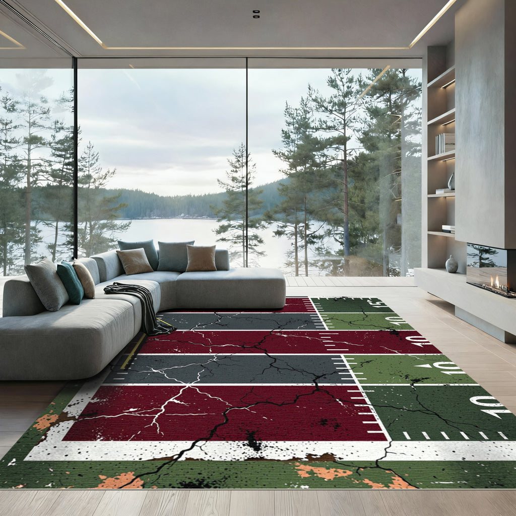 Distressed Football Field Grid Lines Rug