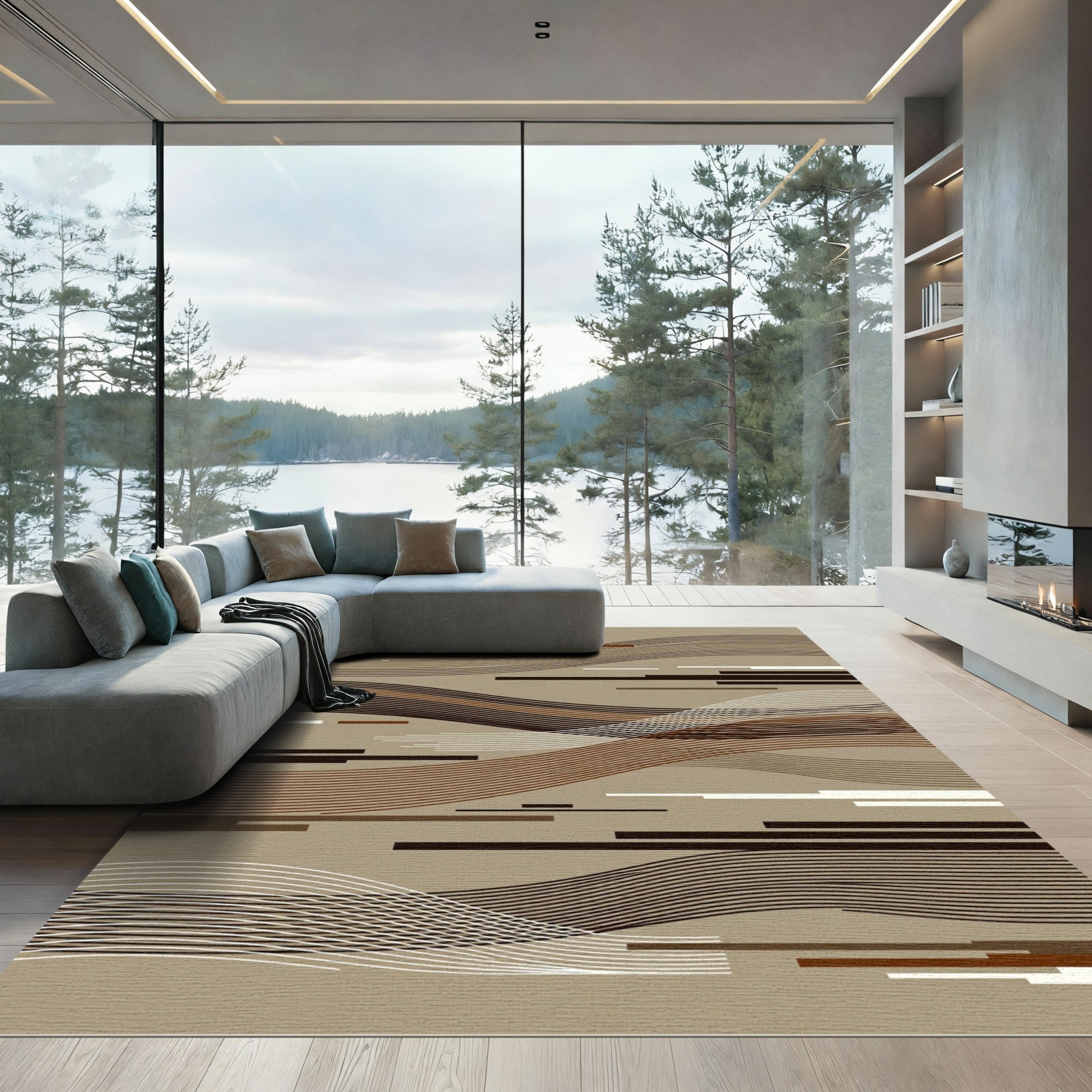 Modern Abstract Wavy Linear Earth Tone Rug