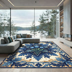 Ornate Blue Tulip Star Scroll Artwork Rug