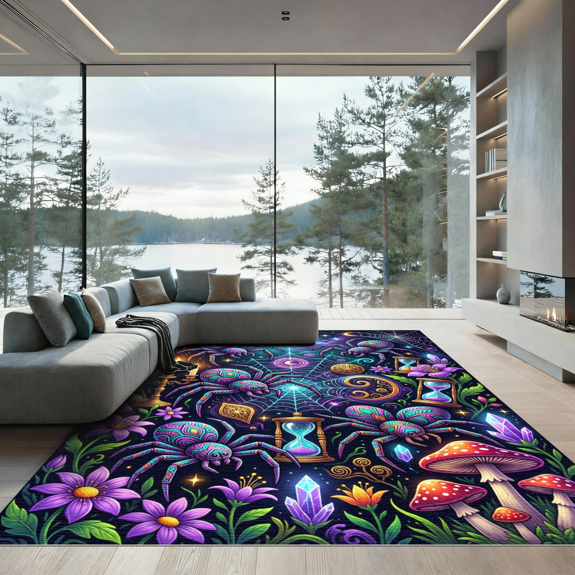 Neon Spider Web Celestial Mystic Moon Rug