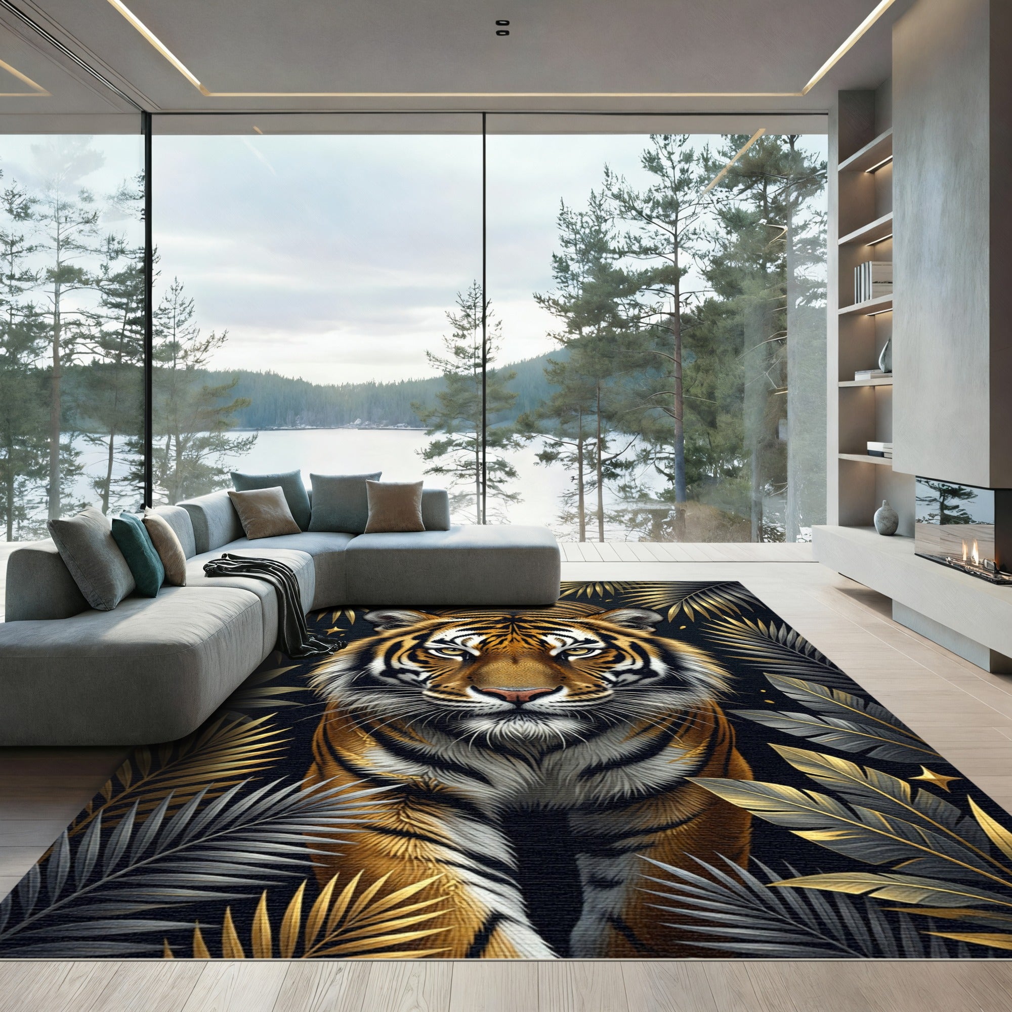 Golden Tiger with Metallic Tropical Leaves Rug