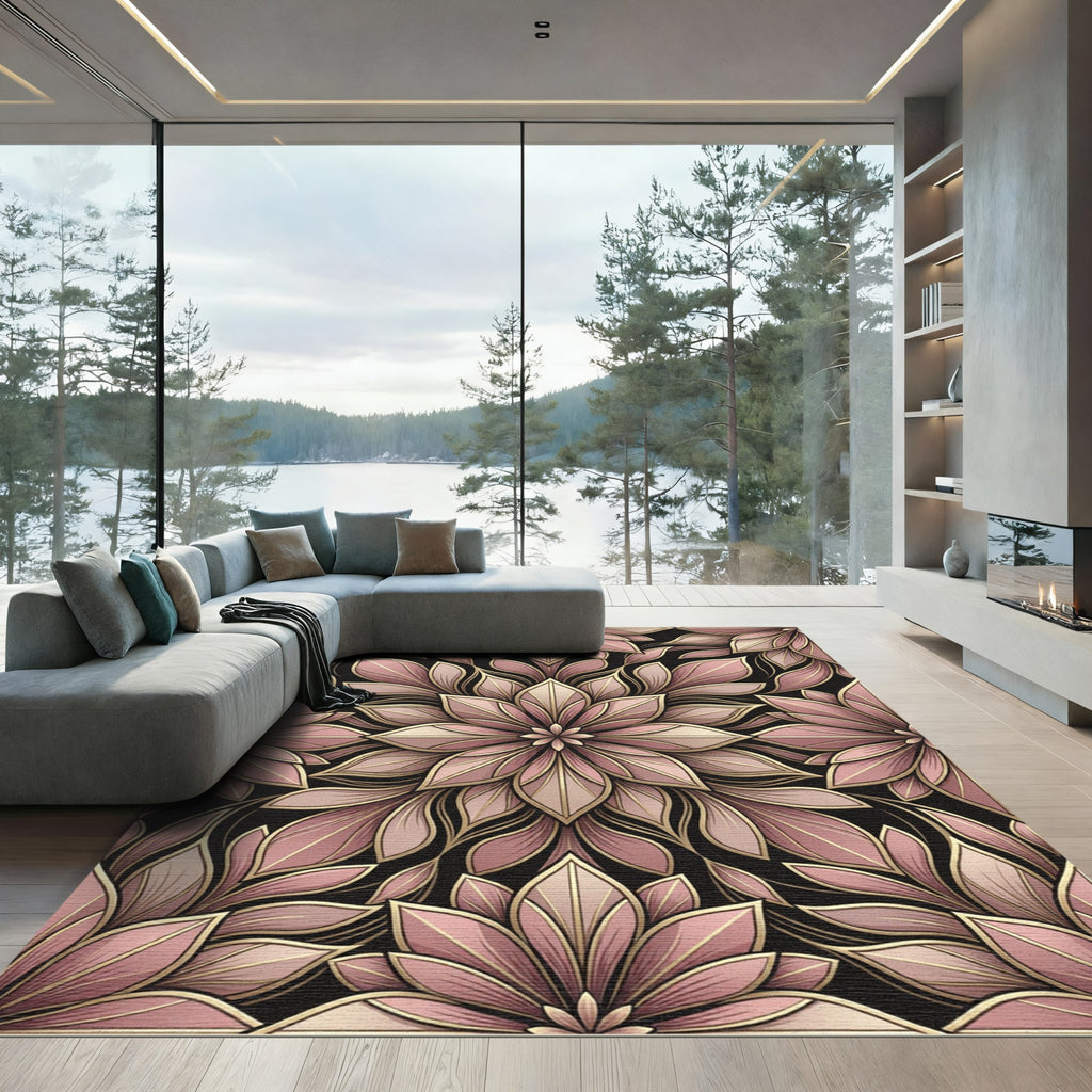 Blush Pink Floral Art Nouveau Mandala Rug