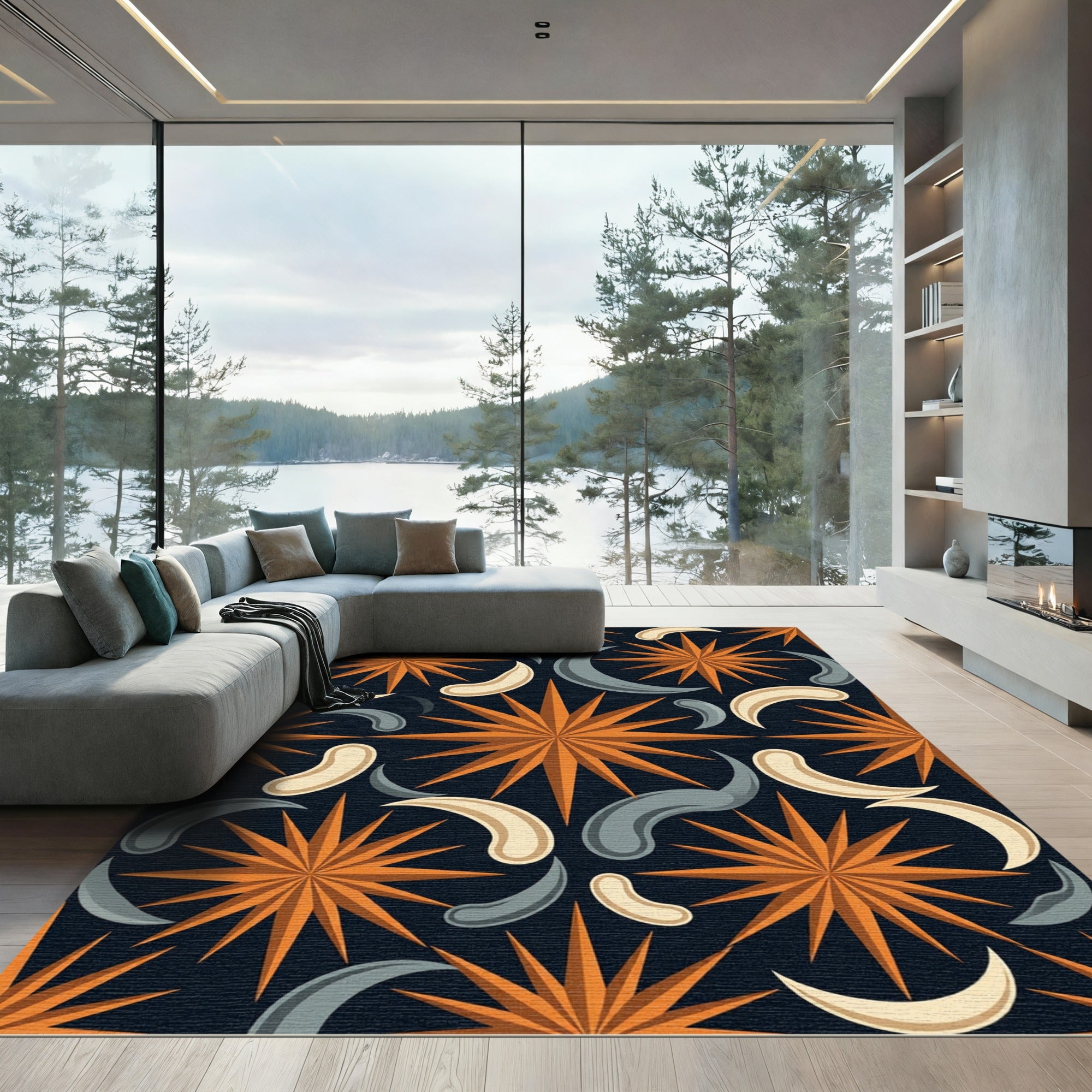 Celestial Orange Star and Moon Rug
