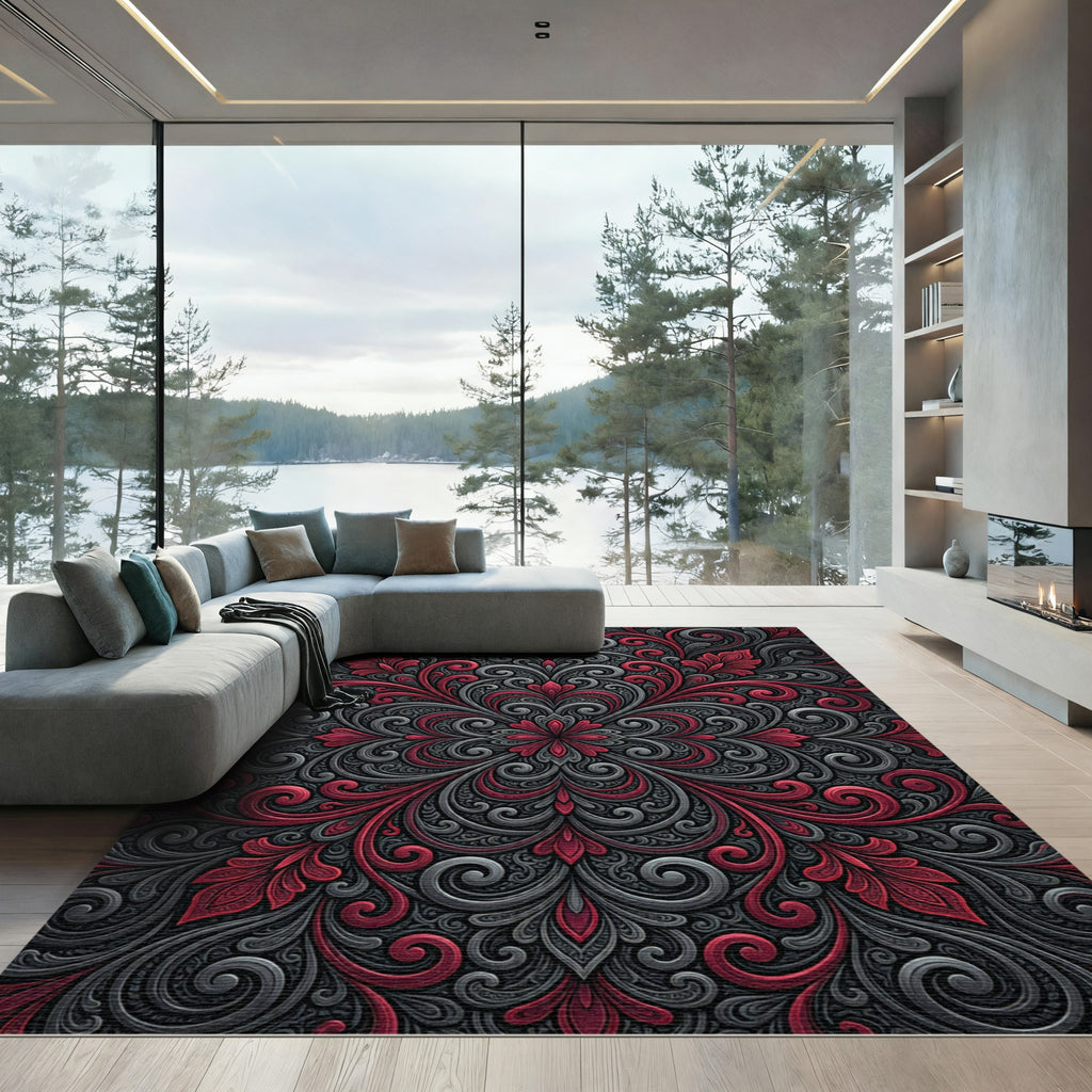 Midnight Crimson Ornate Scroll Medallion Rug