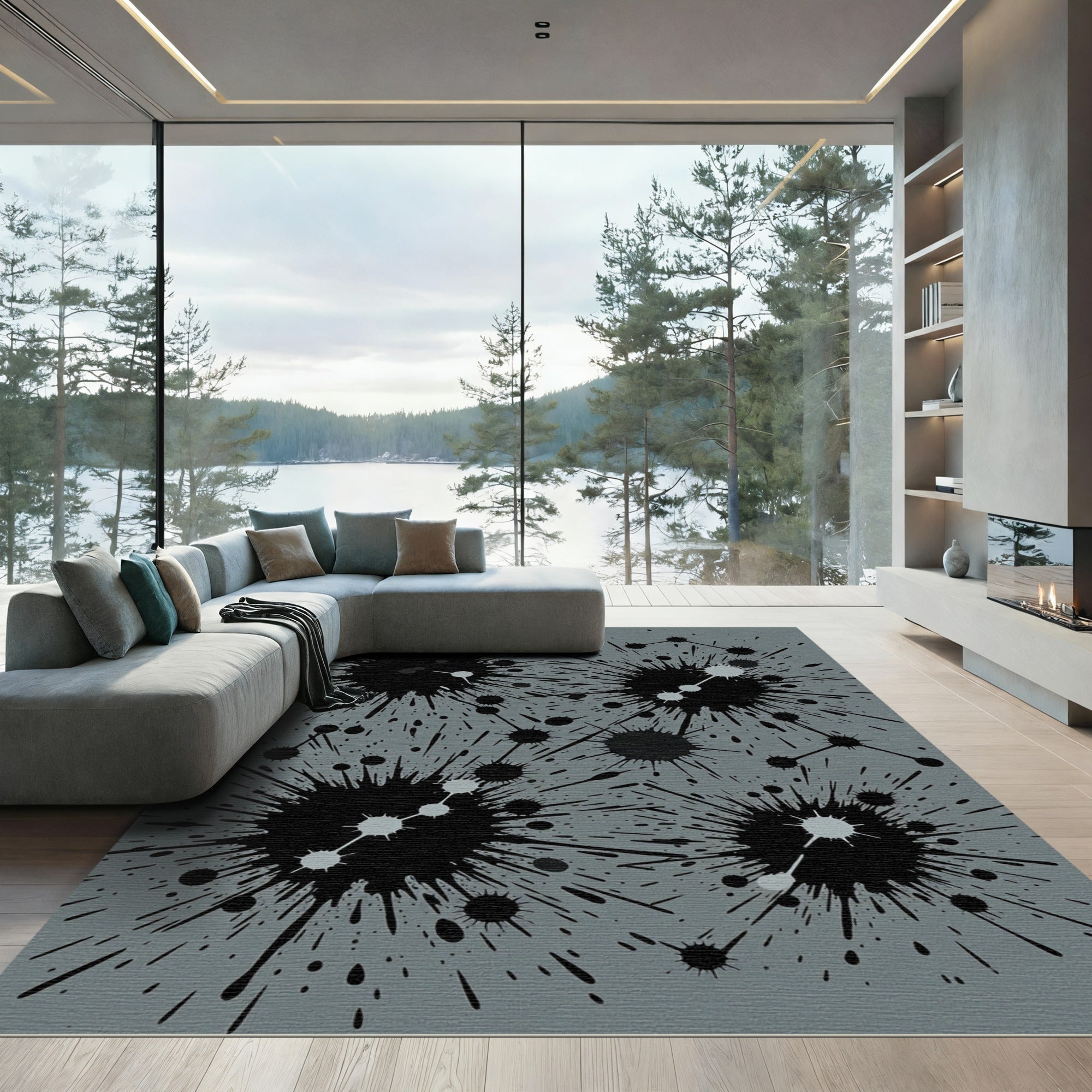 Modern Gray Ink Splatter Abstract Art Rug