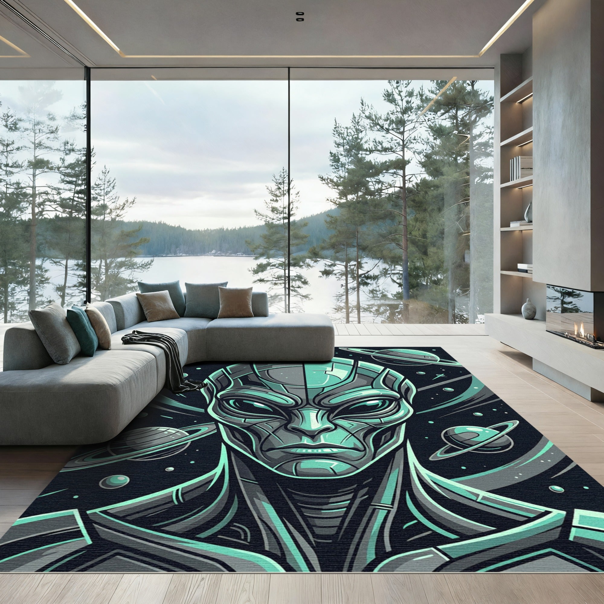 Futuristic Silver Alien Cosmic Planet Portrait Rug