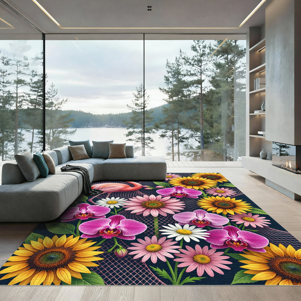 Vibrant Pink Flamingo Floral Garden Rug