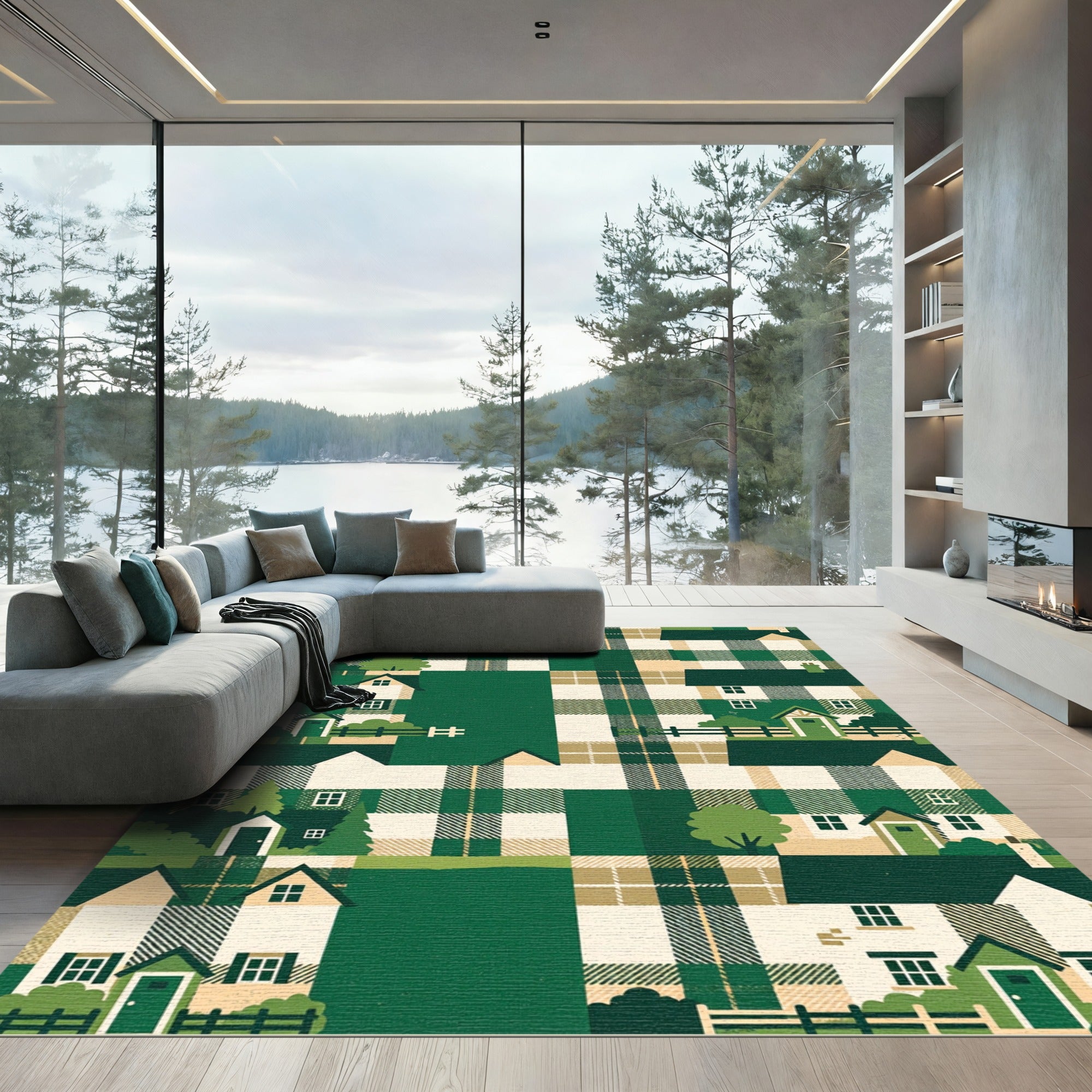 Charming Forest Plaid Cottage Scene Rug