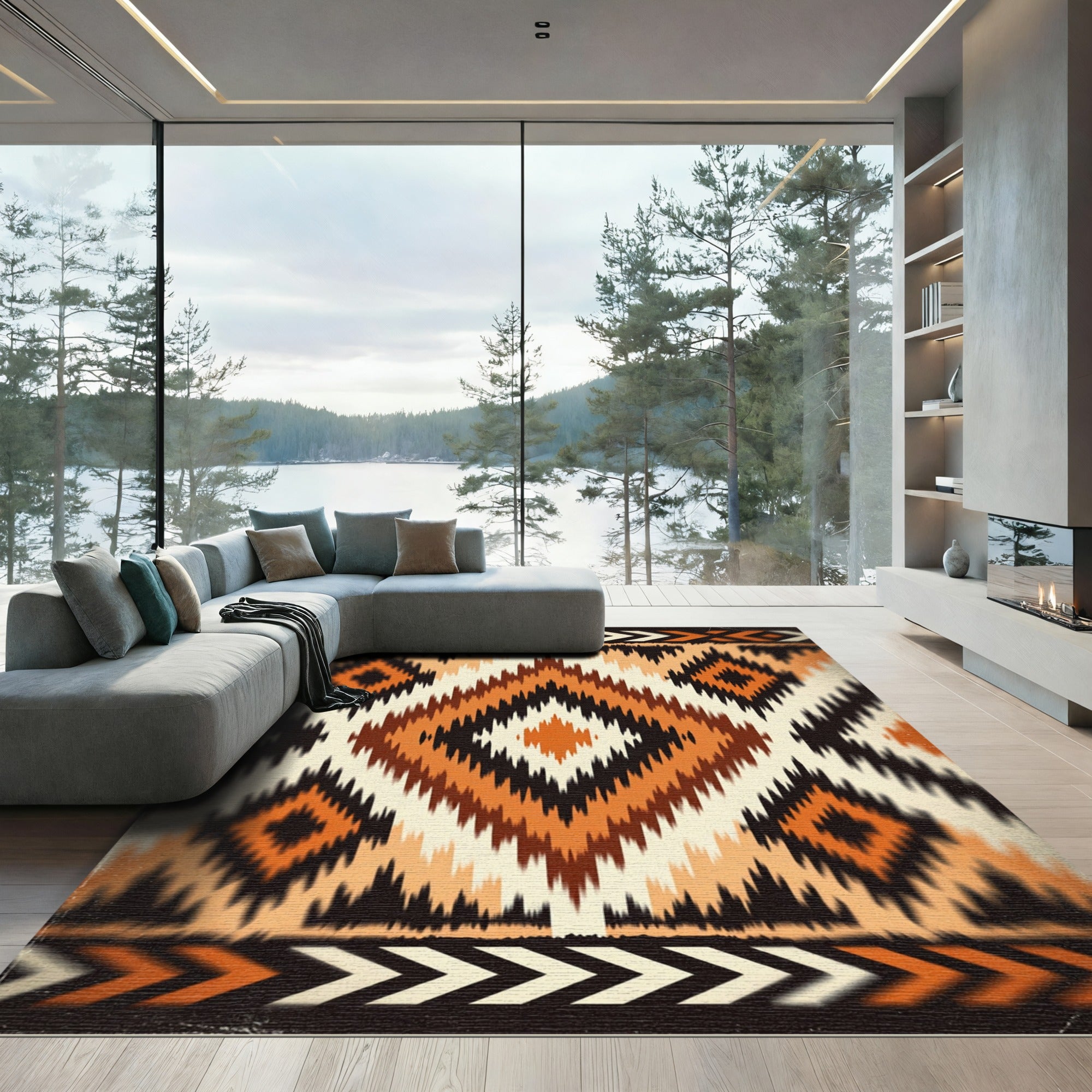 Orange Geometric Diamond Tribal Stripe Rug