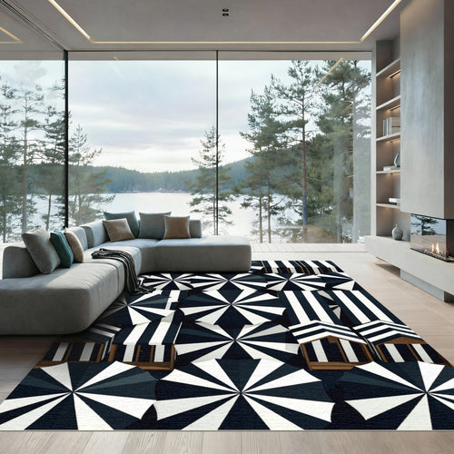 Black and White Striped Radial Rug