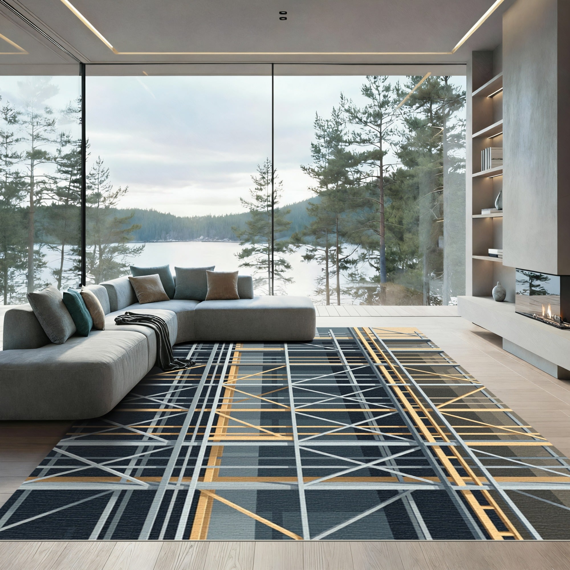 Industrial Grid Yellow Steel Structure Rug
