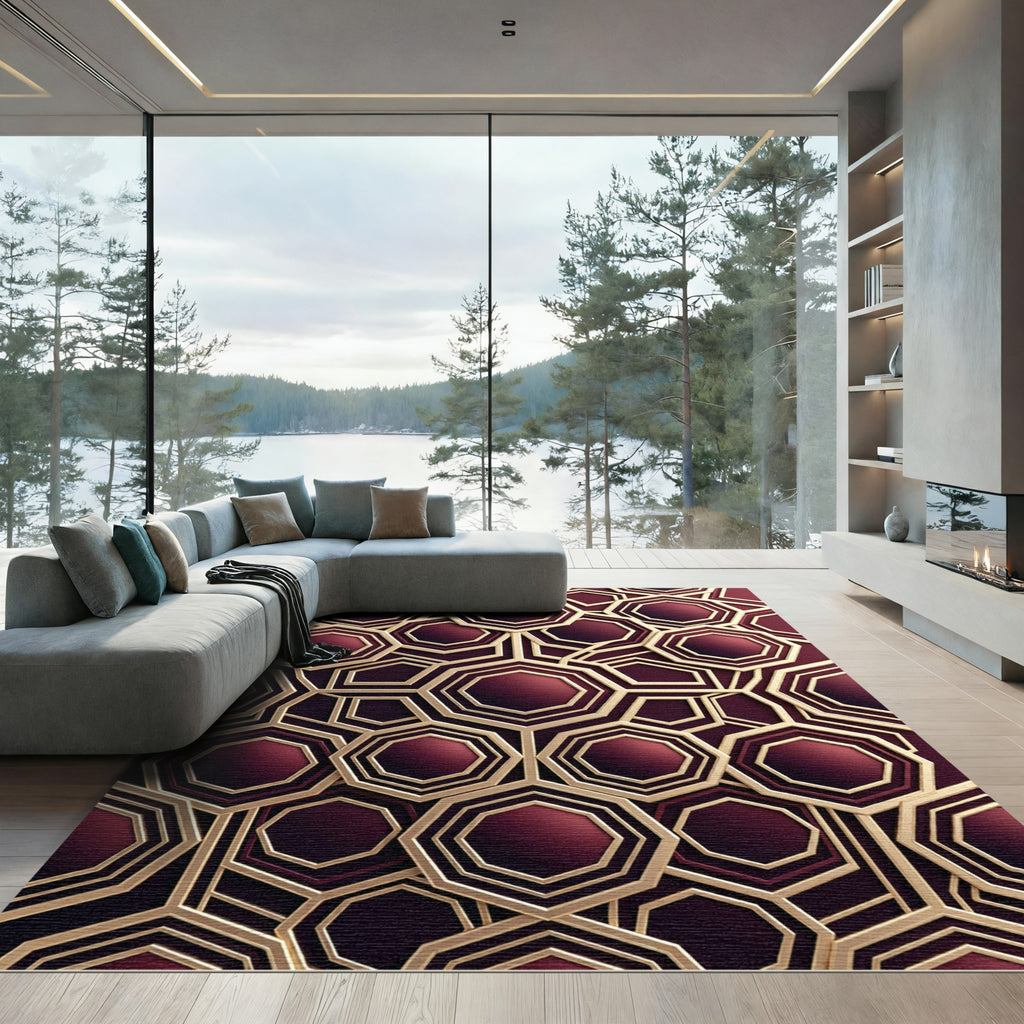 Luxurious Maroon Gold Geometric Octagon Rug