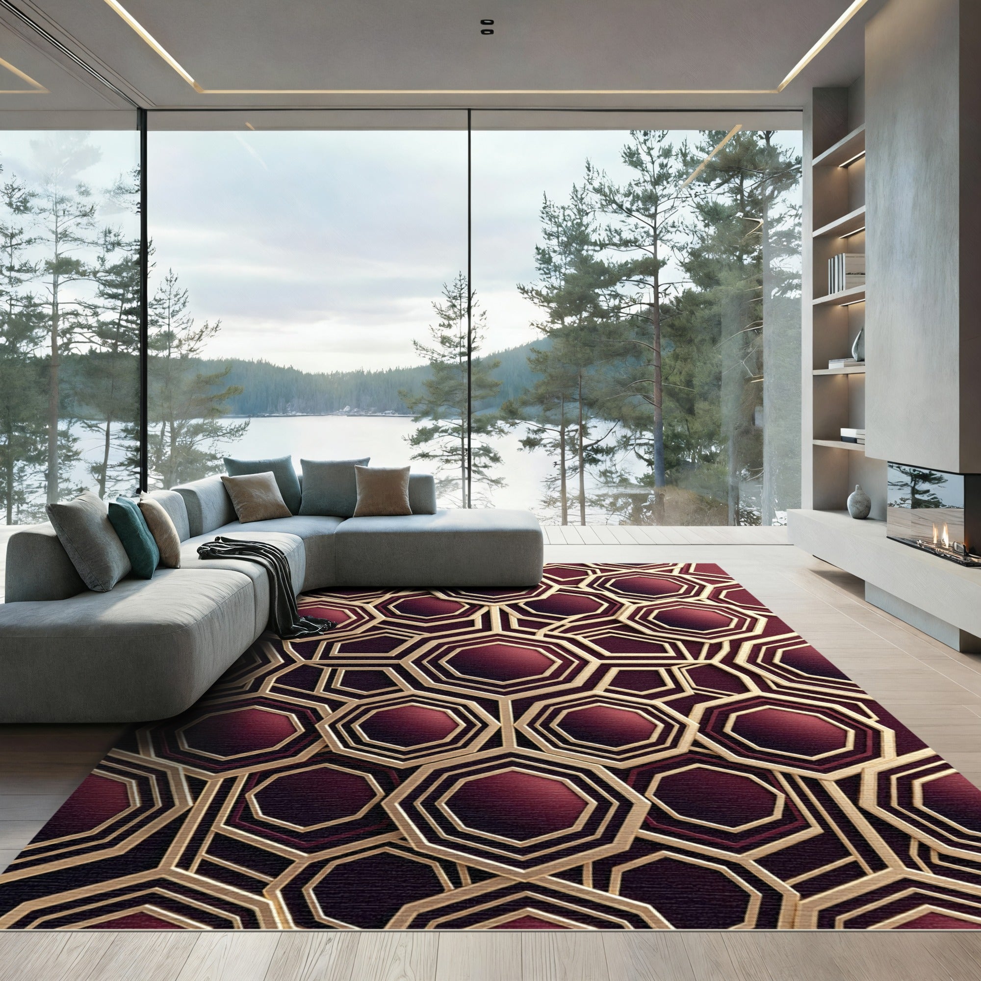 Luxurious Maroon Gold Geometric Octagon Rug