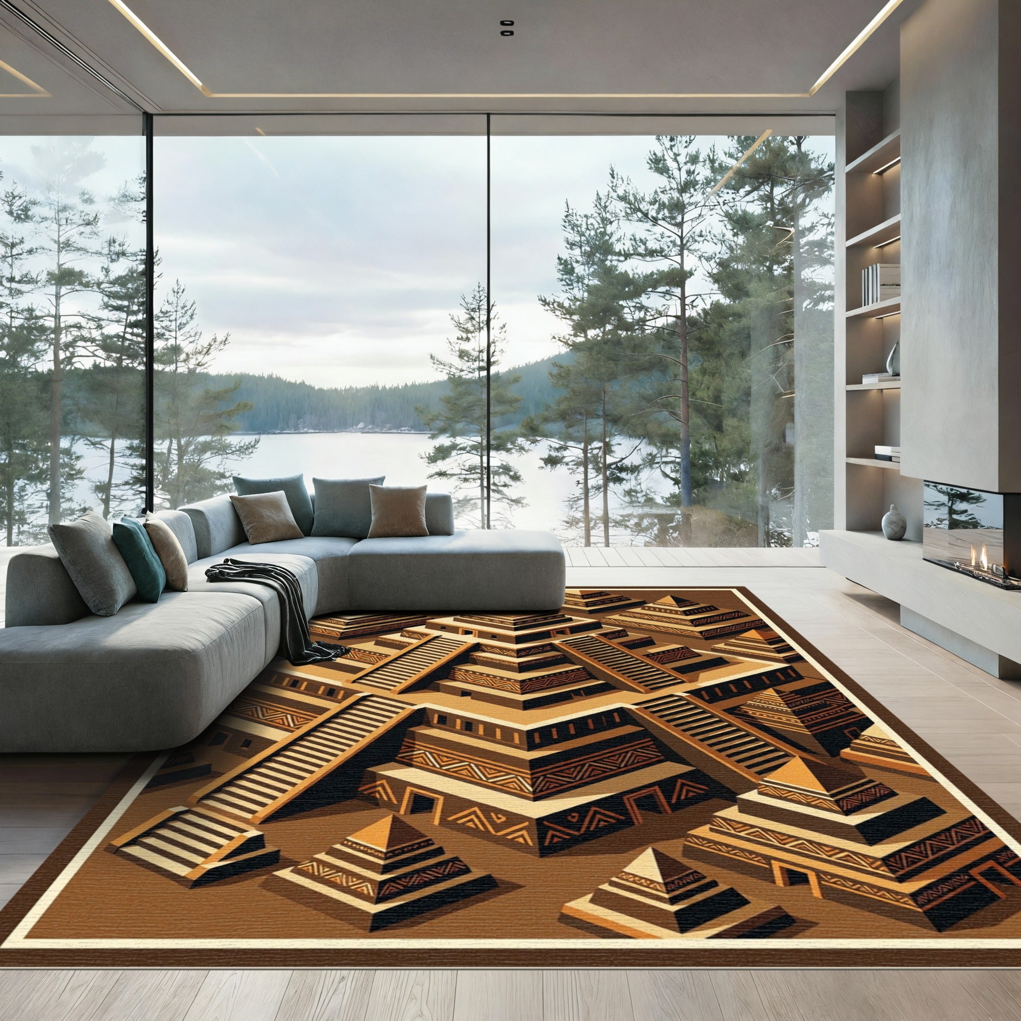 Isometric Aztec Pyramid Earth Tone Art Rug