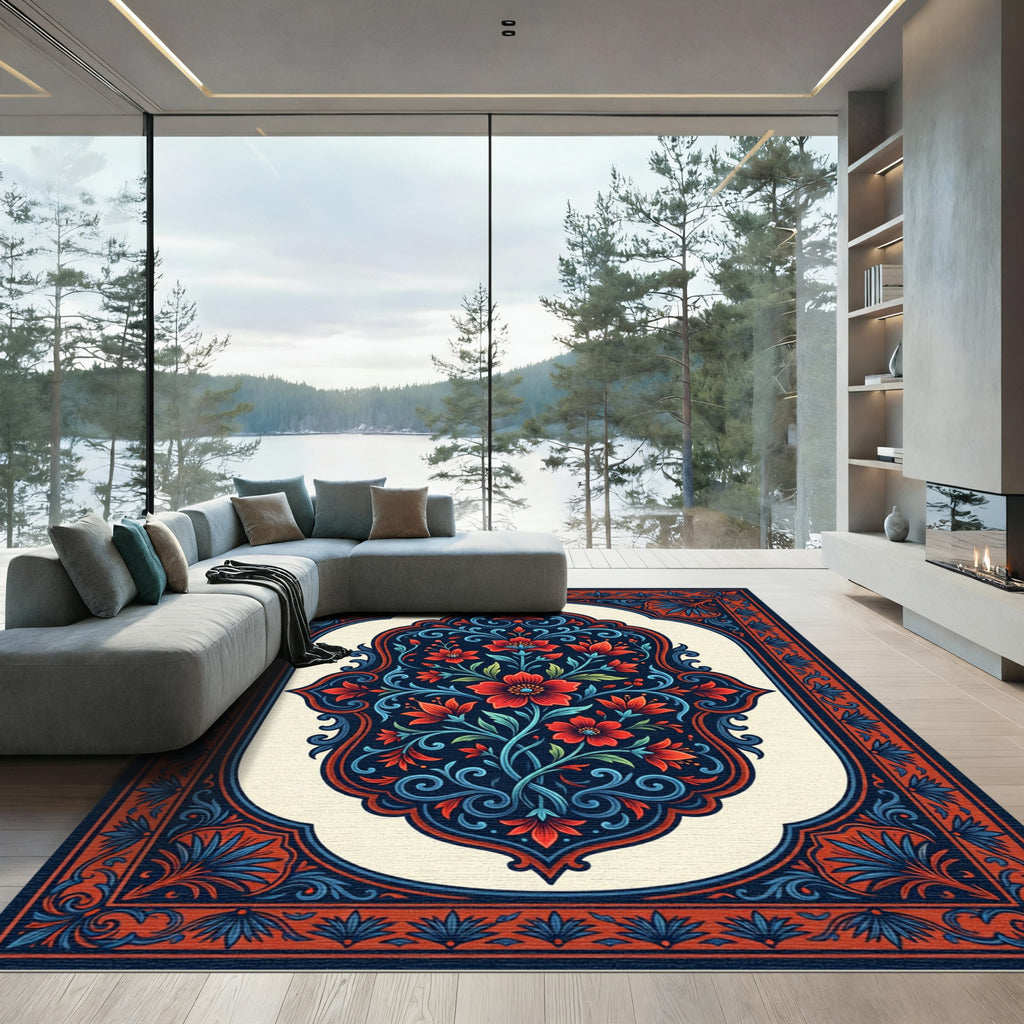 Crimson Red Blue Floral Medallion Rug