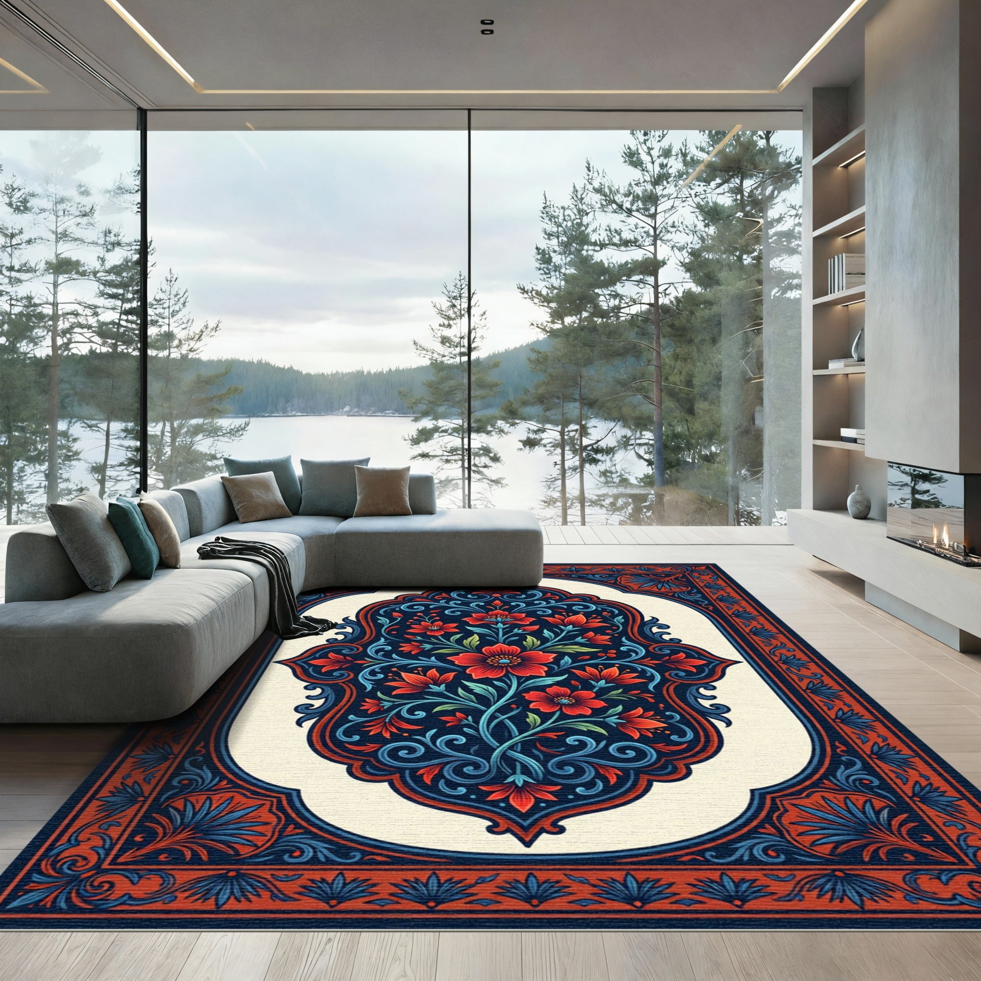 Crimson Red Blue Floral Medallion Rug