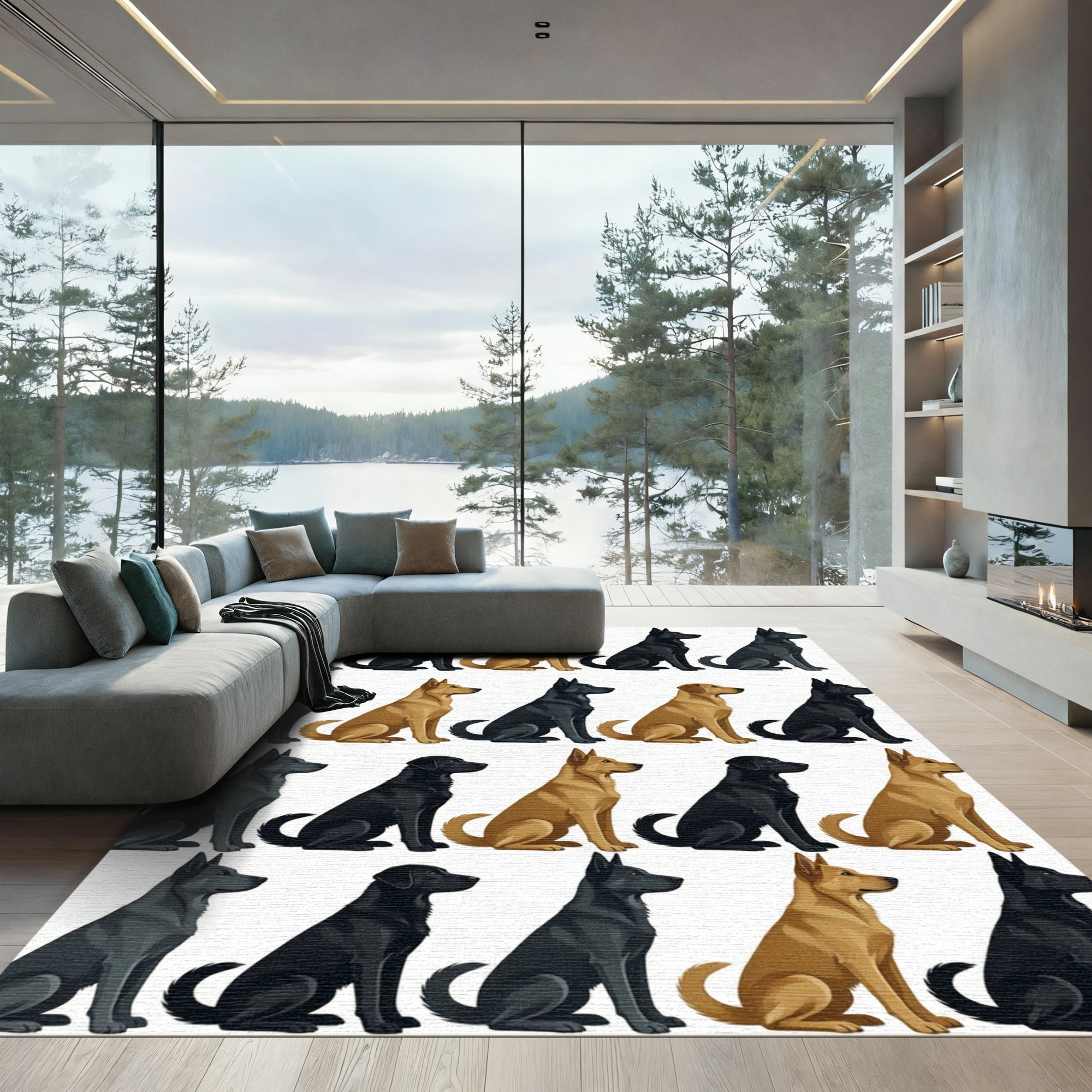 Repeating Golden and Black Sitting Dog Rug