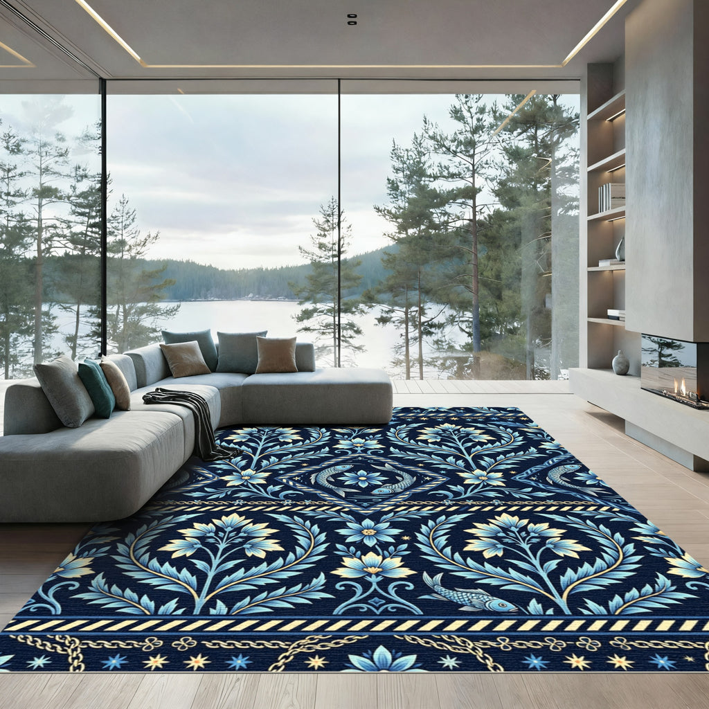Deep Blue Floral Fish Medallion Garden Rug
