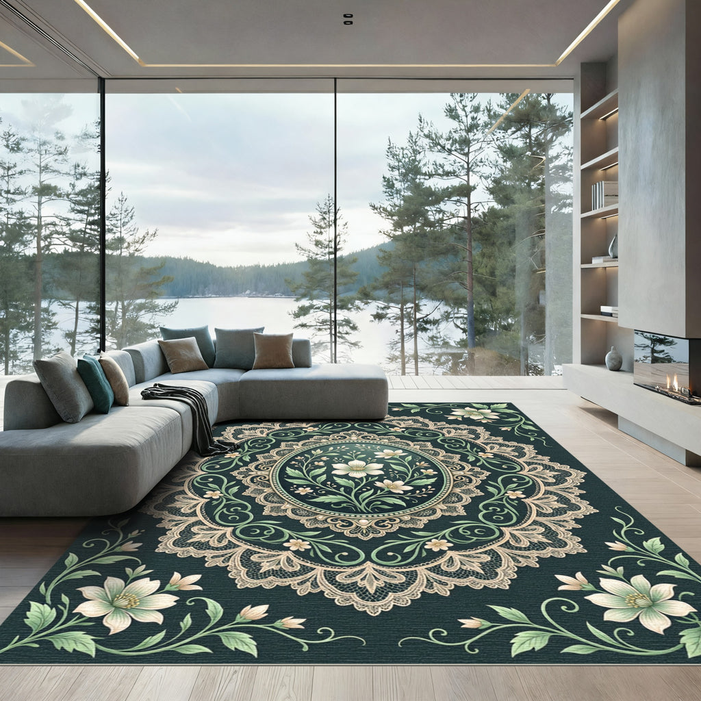 Elegant Sage Floral Lace Medallion Rug