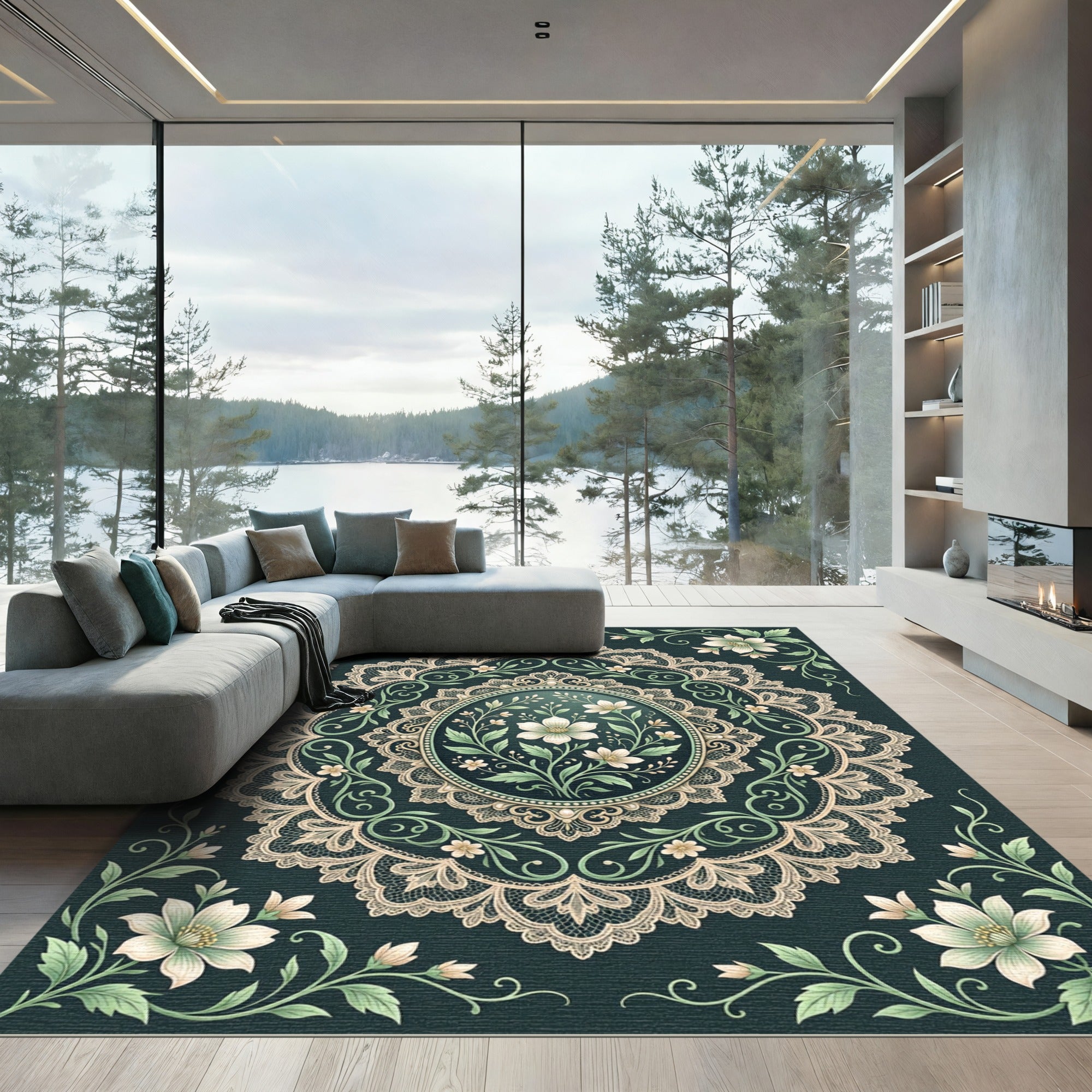 Elegant Sage Floral Lace Medallion Rug
