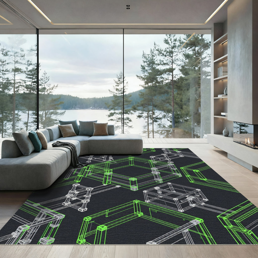 Neon Geometric Isometric Grid Framework Rug