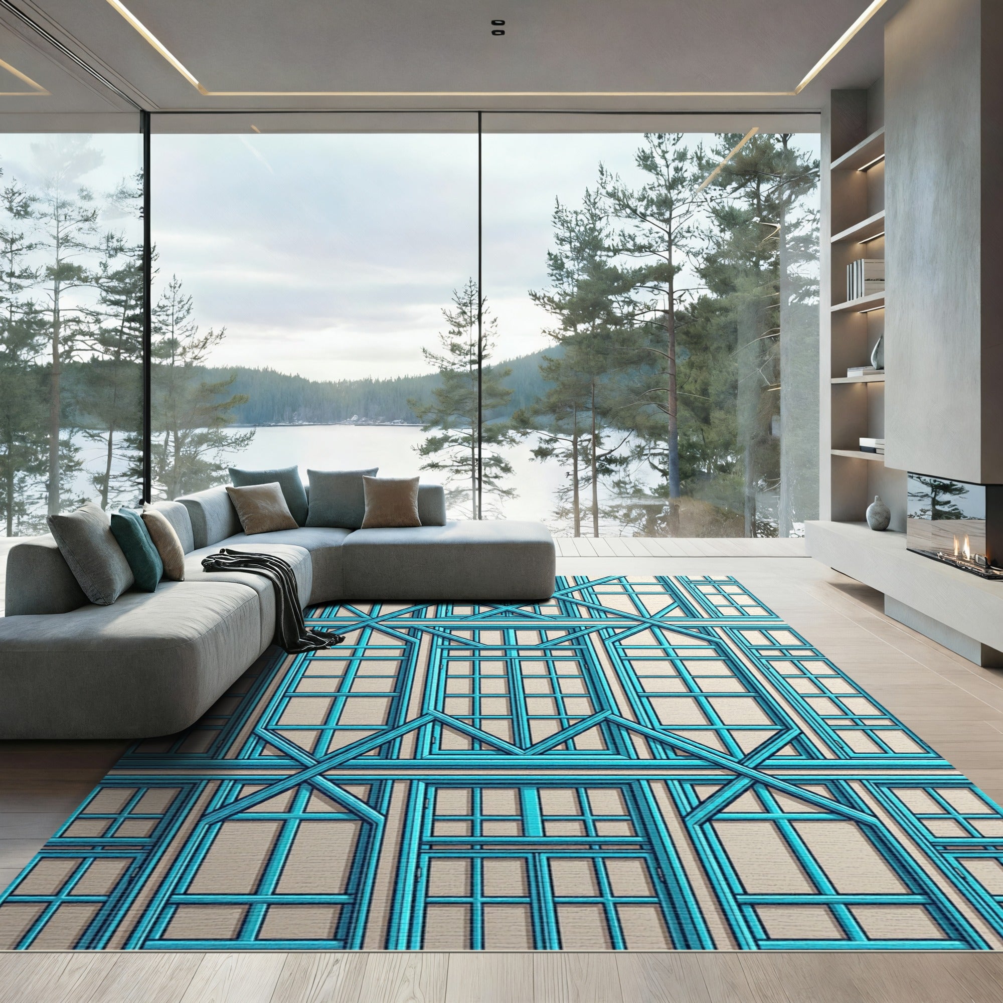 Blue Geometric Lattice Window Rug